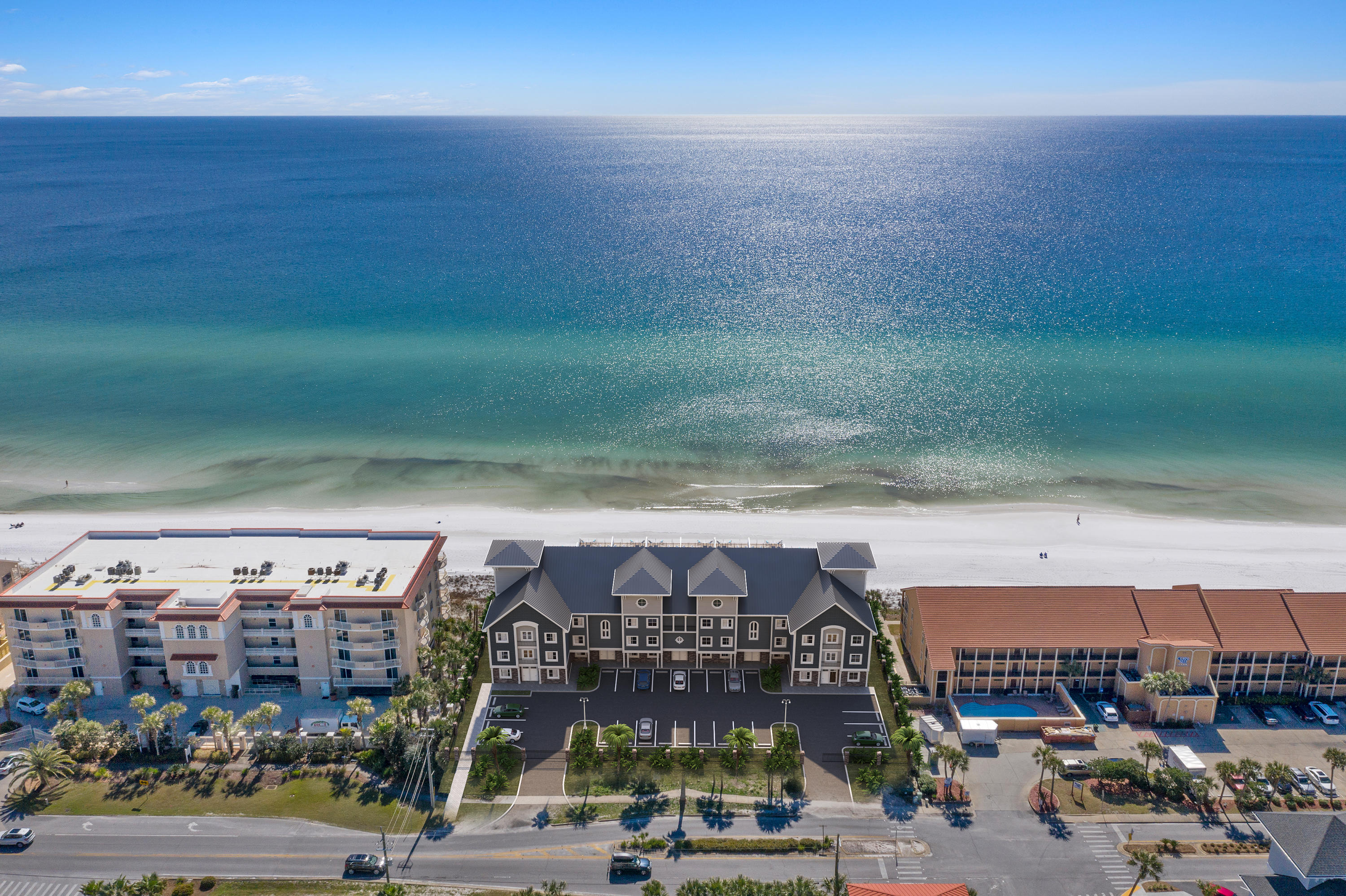 Henderson Beach Villas is Destin's newest and highly anticipated luxury beachfront project set to be complete in the fall of 2020. With private beach access, luxurious in-unit amenities, elegant design, and a premier location in Crystal Beach, Henderson Beach Villas sets a new trend in sophisticated coastal lifestyles on the Emerald Coast. Each villa is equipped with a private movie theatre, a rooftop gunite pool, 4 floors of outdoor space, and an in-unit elevator. Professionally designed by Duce & Co, this 3,537-sqft, 6-bedroom villa features 4 floors of luxurious interiors with porcelain and hardwood floors; high-impact retractable glass sliders; 10' first-floor ceiling; quartz, marble, and quartzite surfaces in kitchen and baths; Sub-Zero and Wolf Appliances; and custom shaker cabinets.