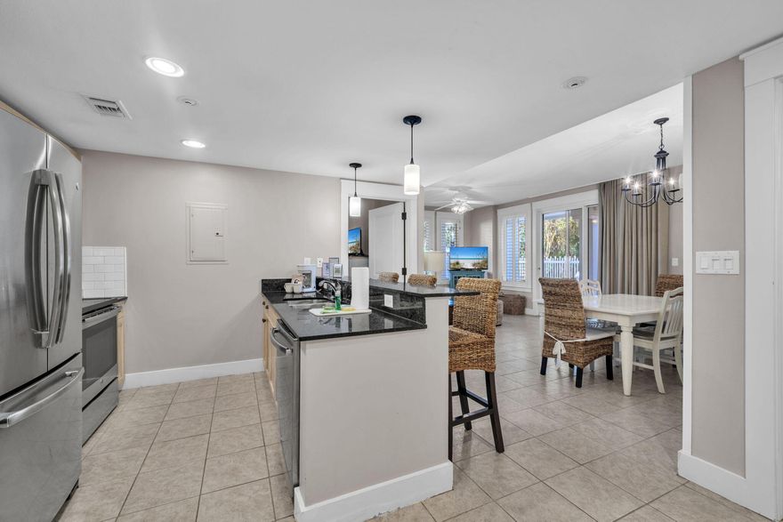 Step out your door and into resort living with this rare third-floor corner condominium, where a private gated terrace opens directly to the pool, hot tub, and fitness center. Perfectly positioned for both relaxation and entertainment, this fully furnished retreat makes every day feel like a vacation.Inside, the split floor plan offers tile flooring in the great room and dining area, window treatments including shutters and curtains, and coastal-inspired furnishings that convey with the home. The kitchen is outfitted with updated GE stainless steel appliances, while a washer and dryer add everyday ease.Turnkey and income-producing, this residence is ideal as a vacation rental or second home. With Baytowne Wharf's shopping, dining, nightlife, children's activities, marina, and golf all within walking distance, the lifestyle here is as effortless as it is inviting.