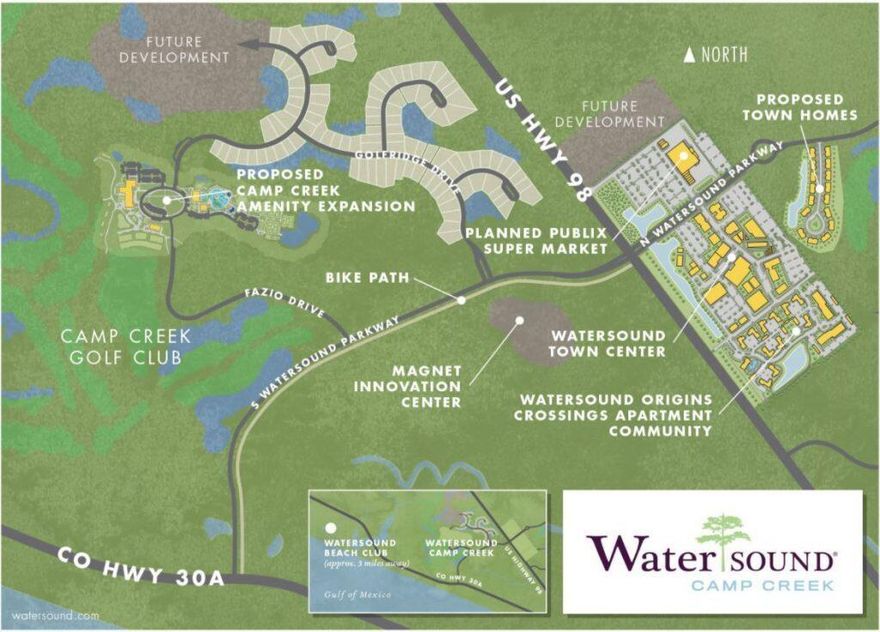 Watersound Camp Creek will be a gated, luxury residential community.  Located next to the Camp Creek Golf Club with other amenities coming in the future to include a town center with a Publix.Other planned amenities include a resort-style pool complex, multiple tennis and pickleball courts, a health and wellness center, multiple restaurants and a playground.