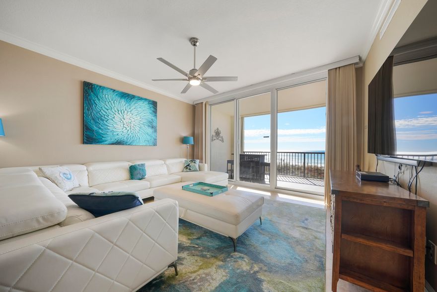 This luxurious 4br/3ba gulf front condo is spacious and fully equipped for vacation rentals. With gorgeous gulf views and balconies, high-end furniture, and upgraded appliances what more could you ask for!  Upon entering, walk down the hallway which leads to the main living area with a wall of large sliding glass doors featuring an amazing view of the Gulf. This area is exceptionally spacious and open to the kitchen and dining area.  Luxurious double doors lead to the primary suite. Beautiful views of the Gulf seep in through the sliding glass doors that lead to the balcony. The private bathroom is spacious and features a soaking tub, standalone shower, and his and hers vanities. A queen bedroom also offers views of the gulf with access to the balcony and a private bathroom. Two additional queen bedrooms are towards the north side of the condo, one with a private bath, and one sharing a bathroom with the main living area.  The community pool is also gulf front and is furnished with lounge chairs and umbrellas for guest use.