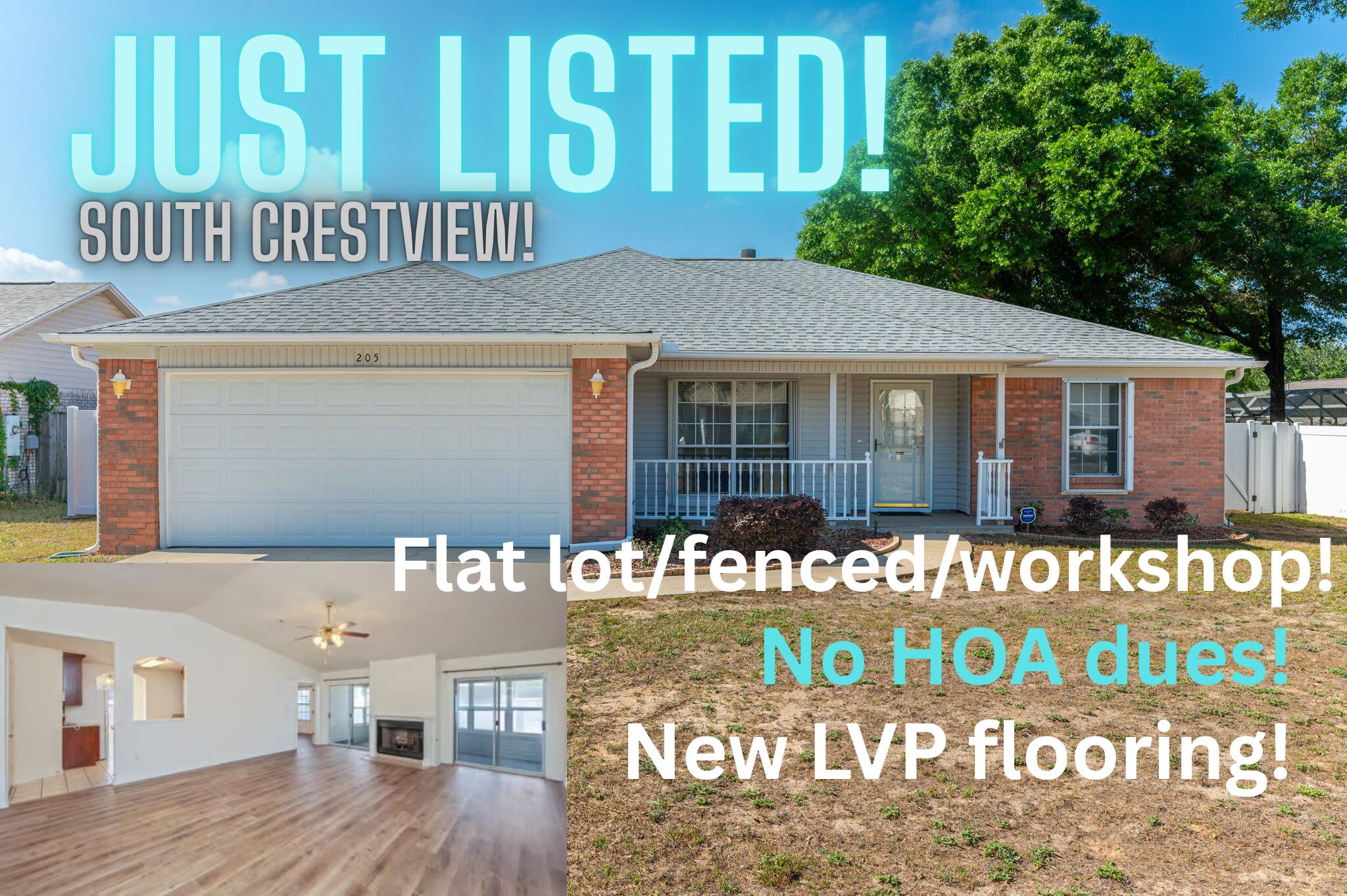 LOCATION, LOCATION, LOCATION! New roof in December of 2020! Tankless Gas water heater! Brand New LVP flooring! Fully enclosed sunroom/ Florida Room! ROOM FOR A POOL! Seller is purchasing 1 year Home warranty for buyer! This 3 bedroom 2 bath home is conveniently located in South Crestview, it's freshly painted and move in ready. This well maintained home is located on a FLAT lot with white vinyl privacy fencing and a workshop/ yard building. Inside the spacious split bedroom design features a vaulted ceiling and gas fireplace in the living room, beautiful solid wood upgraded stained cabinetry in the kitchen, a breakfast room, a separate dining area, and generous sized primary bedroom. The primary bath features a walk in style jacuzzi tub/ shower and double sink vanities.