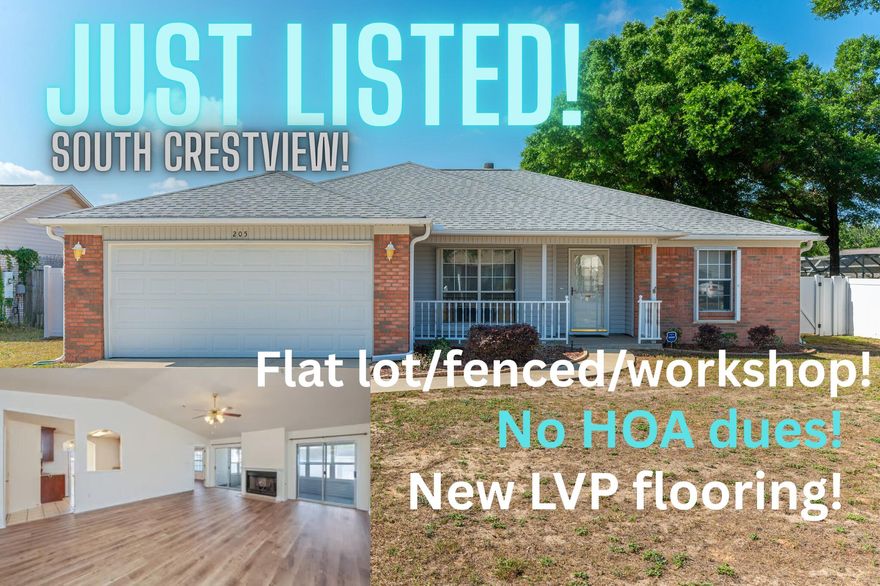 LOCATION, LOCATION, LOCATION! New roof in December of 2020! Tankless Gas water heater! Brand New LVP flooring! Fully enclosed sunroom/ Florida Room! ROOM FOR A POOL! Seller is purchasing 1 year Home  warranty for buyer! This 3 bedroom 2 bath home is conveniently located in South Crestview, it's freshly painted and move in ready. This well maintained home is located on a FLAT lot with white vinyl privacy fencing and a workshop/ yard building. Inside the spacious split bedroom design features a vaulted ceiling and gas fireplace in the living room, beautiful solid wood upgraded stained cabinetry in the kitchen, a breakfast room, a separate dining area, and generous sized primary bedroom. The primary bath features a walk in style jacuzzi tub/ shower and double sink vanities.