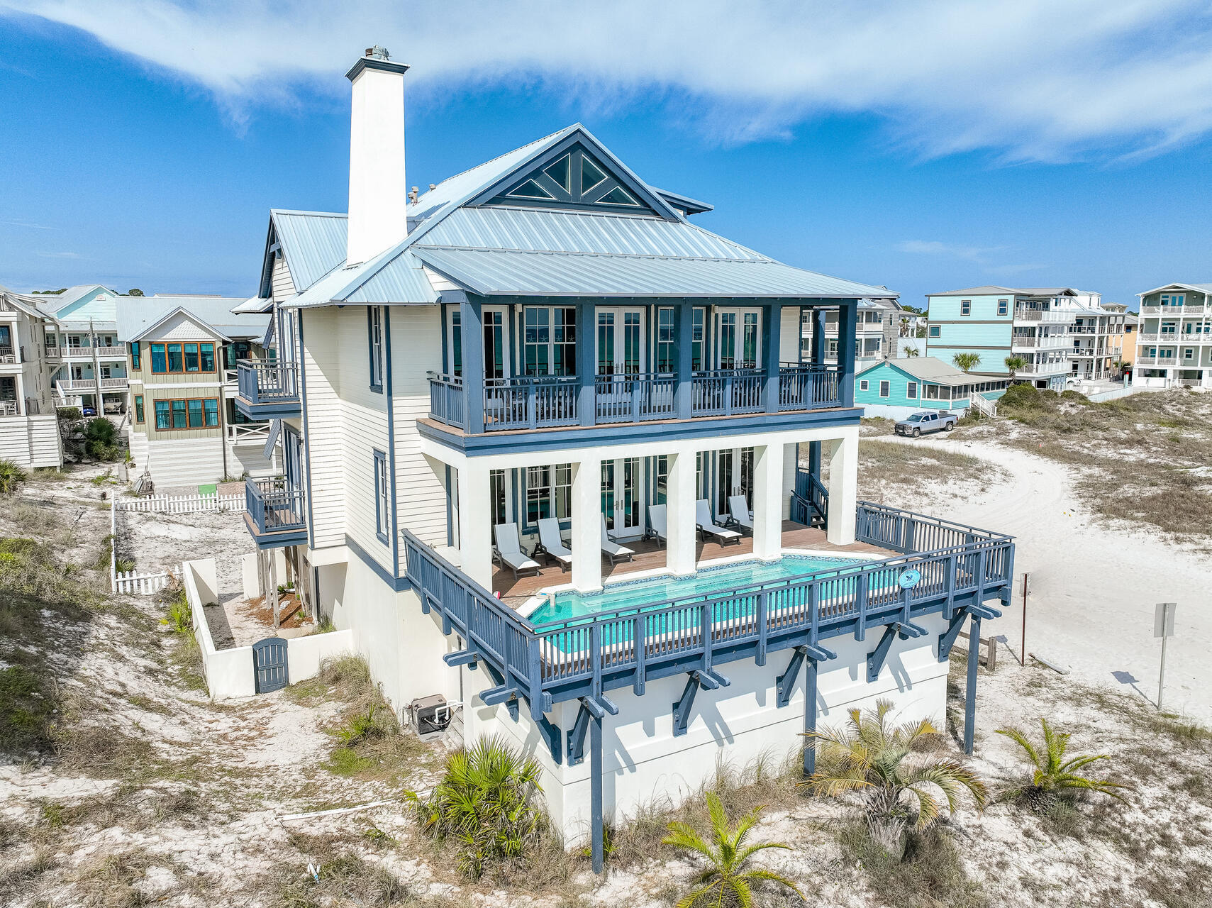 Step into Firenze, a timeless and classic, custom-designed, gulf-front home in historic Grayton Beach and experience the most stunning 250-degree vista in Grayton! Sunrises to sunsets over the Gulf can be your backdrop for morning coffee to coastal cuisine from the east and south balconies! The architecture and interior details of the home, along with its location are captivating! As a current rental, it solidly draws families and friends yearly, with many returning guests making annual memories. Its casual and comfortable interior makes finding a quiet spot with a favorite book or gathering for fun and entertainment a breeze! Stand up paddleboarding and kayaking on Western Lake, just two blocks away! Eateries and shopping are an easy walking or driving distance!