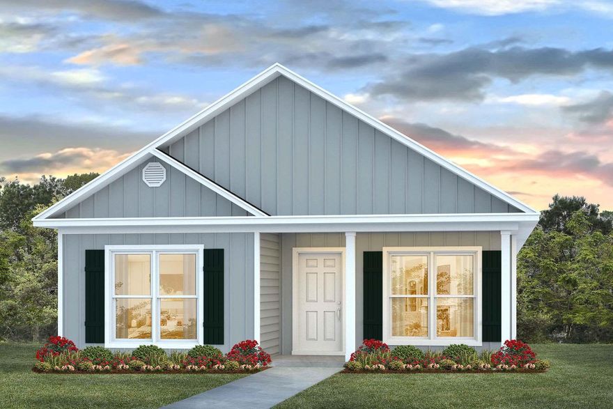 The Owl's Head community is conveniently located off of Highway 331 in Freeport.  We are only 8 miles to Interstate 10, and 16 miles to beautiful beaches and Highway 30 A.  We offer 6 floor plans, 3 and 4 bedrooms.  All homes have rear entry garages.  This community offers a community area with paved walking trails and a spring fed lake. | The Porter plan is an open floor plan with 3 Bedrooms, and 2 bathrooms. It has a covered front porch. The primary bathroom has a separate shower and large soaking tub.