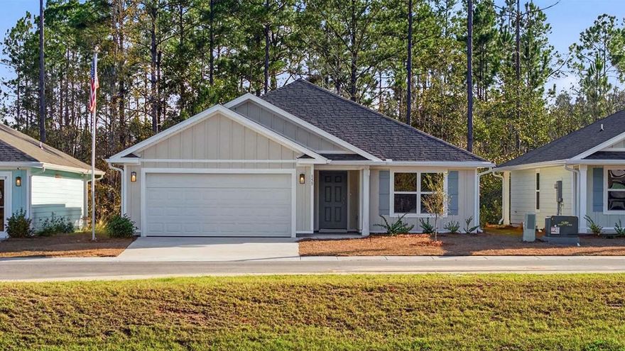 Welcome to 155 Eunola Lane, a new home in Phase III at Ashton Park in Freeport, Florida. This home is ready for move in. Entering this home, you will find EVP through the foyer which opens to a bright and airy space, with two secondary bedrooms and a full bathroom tucked off to one side. These rooms are perfectly sized with each offering plenty of closet space and easy access to the shared bath. This home features a seamless living space with EVP and carpet in the bedrooms.  Continuing into the heart of the home, you will find an open concept living area. Here, the kitchen is open to the living area and features granite countertops, stainless steel appliances, and an island with a breakfast bar that creates the perfect spot for casual dining or entertaining. The adjoining dining area is well-positioned for family meals, while the living room offers a comfortable space to relax, complete with views of the backyard. The laundry room is off the kitchen and is complete with extra storage shelves. Privately located at the back of the home, the primary bedroom offers a peaceful retreat. The large bedroom is complemented by an ensuite bathroom, featuring a dual vanity, a large shower, and an expansive closet designed for all your wardrobe needs.  

The patio at the back of the home provides the perfect place to enjoy outdoor living.  