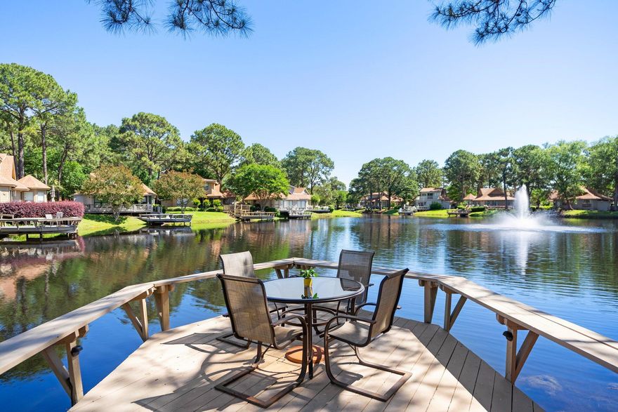 RESORT LIFE AT ITS BEST!!Outstanding opportunity to own one of the adorable Fairway's free standing cottages! If you have been looking for fabulous water views, privacy, expansive outdoor space, ONE LEVEL and no shared walls! This  cozy cottage is  surrounded by mature trees, 2 fountains and boasts a screened-in porch, oversized outdoor deck overlooking lake and fountains PLUS a dock on the lake! New roof in 2024, updated kitchen and baths,offered fully furnished and ready to enjoy or rent. Golf cart parking/charging right out front and a HUGE attached storage shed included. The newly constructed community pool is just down the road!