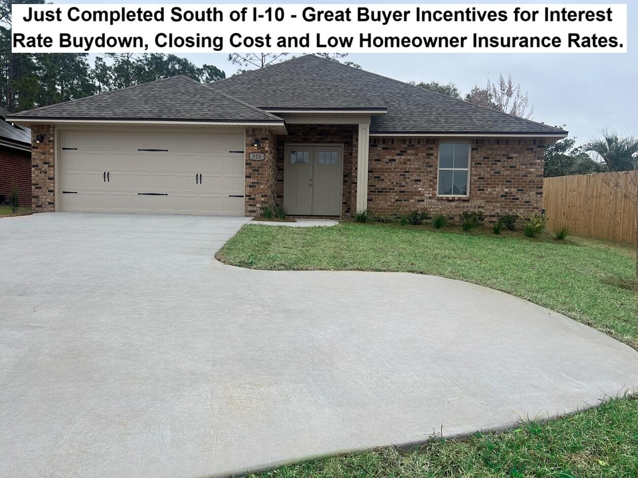 BRAND NEW - JUST Completed, PRIVACY FENCED BACKYARD. ALL Porcelain Plank Tile - 4-SIDED BRICK HOME - SOUTH OF I-10 at the END of a Dead-End Road, 3 Bedrooms PLUS A BONUS ROOM/OFFICE. QUARTZ Countertops in KITCHENS & BATHS, Soaring Ceilings in the Main Areas + Auto Garage Door Opener. FRENCH DOOR ENTRY, Large Living Room, Breakfast Bar, Plus and Over Abundance of Kitchen Cabinets, Pantry, & Spacious Laundry Room. Master BEDROOM WITH FRENCH DOOR ENTRY. Double QUARTZ Top Vanity with Additional Drawers, LARGE SHOWER WITH SEAT, Walk-in Closet. This Builder/Seller is PAYING MOST CLOSING COST, ask for details. Homeowners Insurance Quote is $1208.87 Per Year. 2 Additional Bedrooms, Linen Closet, & 2 Car Garage. THE SUBDIVISON OF CAMILLE COVE IS IN A GREAT LOCATION ON THE South End of Crestview. Survey Available showing Okaloosa Utility Easement in rear and left side of the property. All the Photos are of the actual home and are NOT Sample Photos. The FLOOR PLAN IS IN THE PHOTOS. AstroGuard Hurricane Fabric is being Cut and Custom Fitted for this House. Sample in the Photos. We have more homes under construction. If you are Traveling from Niceville, Eglin, Duke, 7th Group, Hurlburt, or Fort Walton Beach you will be able to Turn at the 1st Redlight on the South End of Crestview to Access Camille Cove. Close to Shopping & Restaurants.