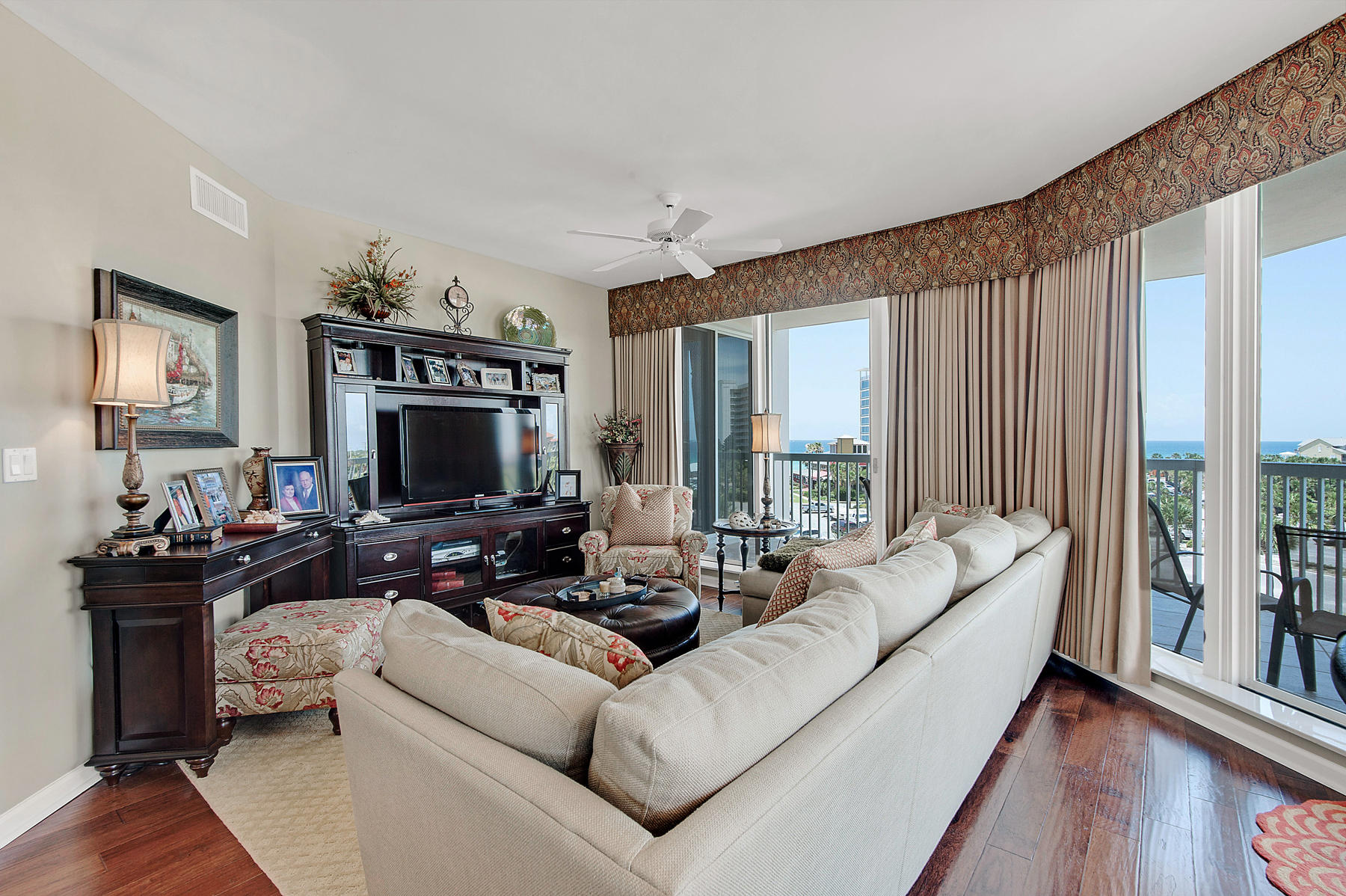 Beautifully furnished and decorated, this 5th floor 3 bedroom, 3 bath corner condo is a ''must see''. Although St. Lucia is a short term rental capable building, this condo has been used strictly as the owner's second home and is in pristine condition. There are hardwoods in the living/dining area and master bedroom. High end furnishings, art and accessories, custom window treatments and beautiful bedding all remain. This condo is move-in ready. Great views of the Gulf and the grounds of Silver Shells are provided from 2 terraces. St. Lucia amenities include a beautiful lobby, pool, hot tub, grill area, garage parking and climate controlled storage units. In addition, the Silver Shells Resort provides every amenity imaginable: including 24 hour gated and guarded entrance, separate cardio