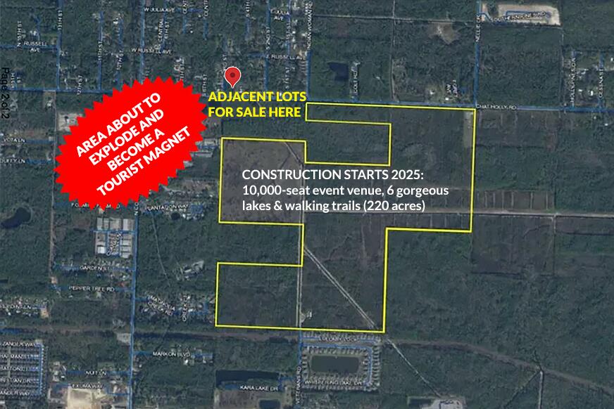 LOTS ABOUT TO APPRECIATE IN NEIGHBORHOOD EXPECTED TO EXPLODE & BECOME HIGHLY POPULAR, read on to find out why. Price is for 2 lots only (see photo), 3 more adjacent lots also available.UPCOMING TOURIST ATTRACTION: Right below the lots (see photo) is to be built a 10,000 seat amphitheater & hiking trails around 6 gorgeous lakes (construction starts in 2025). This huge attraction will occupy 220 acres. GREAT INVESTMENT OPPORTUNITY: RENTS ARE SKY HIGH here due to being located right in the middle of 30A/Panama City Beach and Miramar Beach/Destin (see photo). 8 min. to gorgeous 30A beach & 3 min. to picturesque boat launch. 8 min. from large school under construction. Lots face S 3rd St but if all 6 bought together, water/sewer via Chat Holly Rd.
