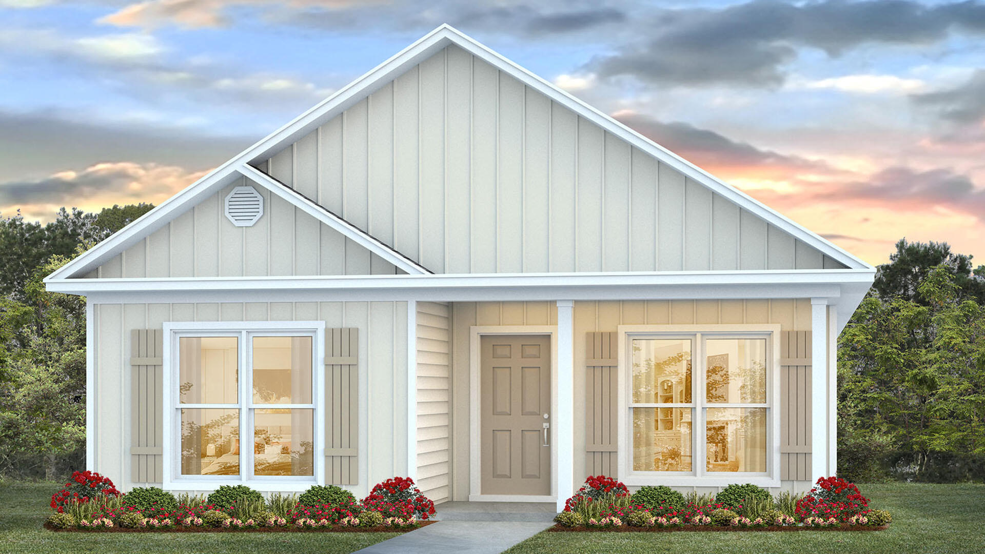 The Owl's Head community is conveniently located off of Highway 331 in Freeport. We are only 8 miles to Interstate 10, and 16 miles to beautiful beaches and Highway 30 A. We offer 6 floor plans, 3 and 4 bedrooms. All homes have rear entry garages. This community offers a community area with paved walking trails and a spring fed lake. | The Porter plan is an open floor plan with 3 Bedrooms, and 2 bathrooms. It has a covered front porch. The primary bathroom has a separate shower and large soaking tub. Elegant, engineered vinyl plank flooring in the kitchen and living area pops against granite countertops and upgraded wall to wall carpet lines the bedrooms.