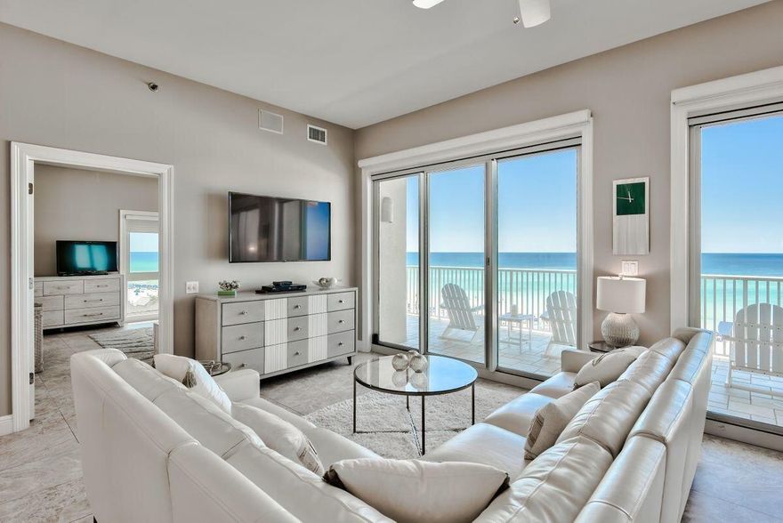 Presiding over stunning gulf views at Miramar Beach, The Empress is a gated condo complex with just 44 luxury units. The elevator delivers you to a semi-private entrance foyer shared with one other unit. It opens into an exceptionally light and spacious beachfront condo with three beds and three full baths. Panoramic gulf views draw you through the open-plan living room to the oversized balcony, one of two that provide enviable outdoor living space.

Picture yourself relaxing and enjoying the alfresco lifestyle, dining and relaxing on the sunny south-facing balcony. Look down on 2,000 feet of pristine white sandy beach lapped by the emerald waters of the Gulf of Mexico stretching to the horizon. If you prefer some shade, relocate to the north balcony overlooking the lake and golf course an