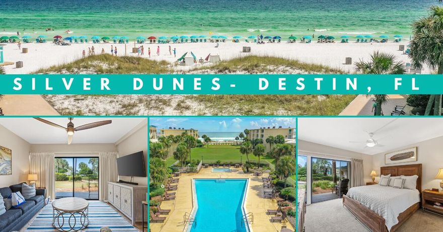 This one is better in person! Super POPULAR 1st Floor! Rare find! Stunning two bedroom sold fully furnished with expansive patio!  Wonderful updates! Pride of Ownership is evident! EXTRA BONUS:  Condo includes 3 beach chairs w/ the onsite beach hut! With these chairs, Owners can utilize the beach attendant for $12/day or $60/wk. This is a low density resort & is not overcrowded! EXPERIENCE THE BEST OF DESTIN! A TRUE HIDDEN GEM! The resort of Silver Dunes HAS IT ALL! UNCROWDED BEACH, game room, tennis, GATED, pool is BEACHSIDE, BBQ grills, Fitness Center, Ice Machines, Take One/Leave One Program for beach floats, sand toys, etc., planned summer activities & one storage locker right near the beach is INCLUDED! Guest at Silver Dunes return year after year, generation after generation!