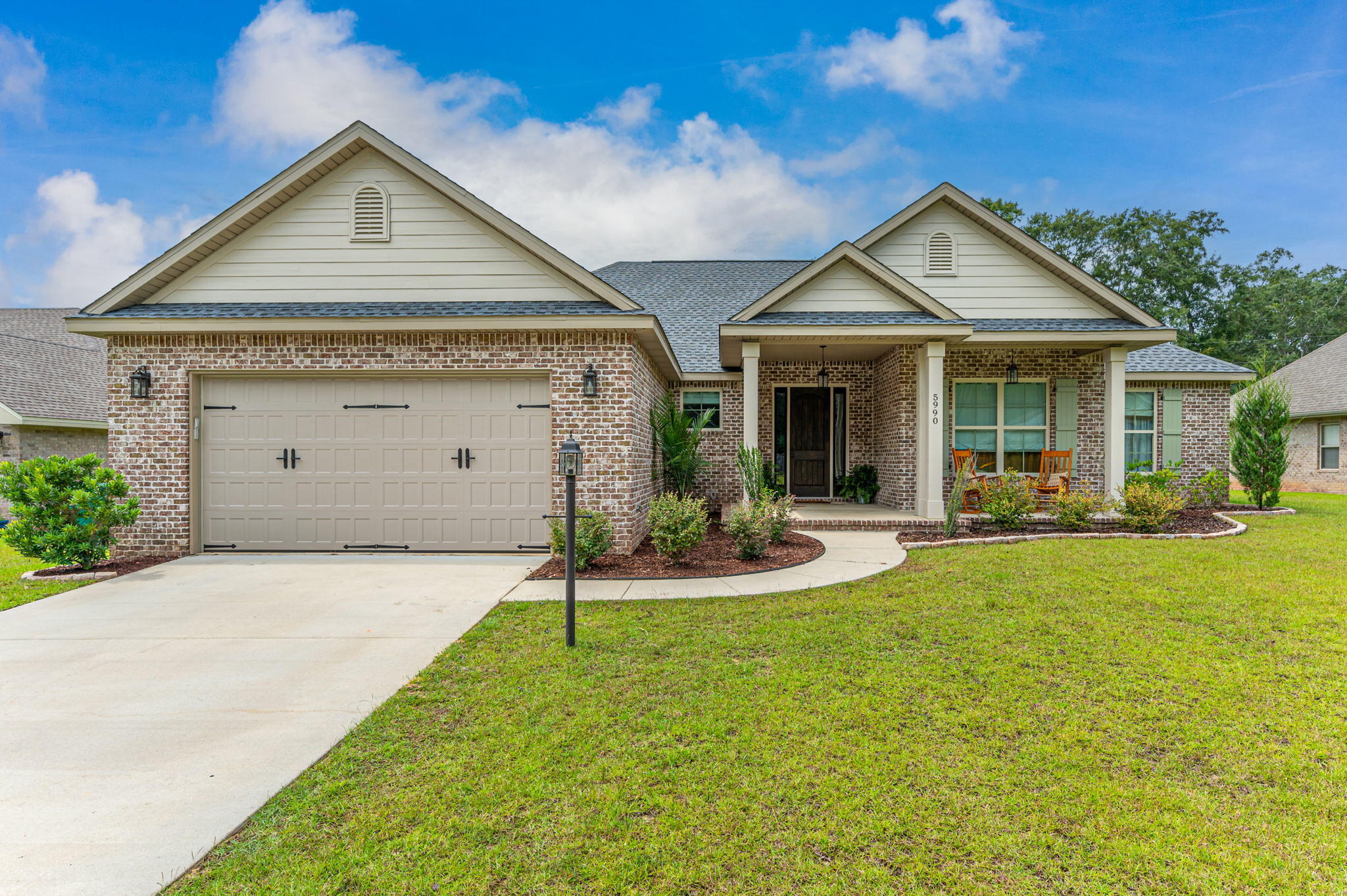 Built in 2020, this gorgeous craftsman home with stylish upgrades is located in a cul-de-sac in the Everwood subdivision. No HOA! Foyer has a shiplap accent wall and built-in mud bench. Beautiful wood-look tile floors throughout home and primary bedroom. 3 bedrooms have carpet.Two-toned solid wood kitchen cabinets, upgraded granite, soft close drawers, subway tile backsplash, gas stove, and extended kitchen island with plenty of storage. Pull out garbage under cabinets. Shiplap accent wall in dining area and upgraded lighting. Walk-in pantry. Primary suite has a tiled shower, soaking tub, dual vanity, and two walk-in closets. Large covered back patio with gas stub. Irrigation system. Flat backyard. Washer and dryer convey. Buyer to verify all info deemed important.