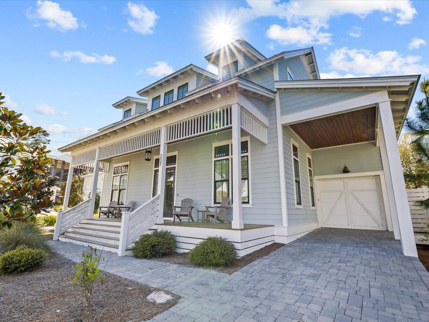 Charming  home available at the Private Community of Lakeside Village in Blue Mountain Beach. This home is directly across from the beach access and one house away from the community pool! Experience life on 30A in this  5 bedroom, 4.5 bathroom beautiful coastal home in the quiet Lakeside Community in Blue Mountain Beach. This home has all the extras. Open living and dining floor plan makes for ease of entertaining and enjoying the beach life. Shiplap walls in living area create a coastal feel with designer tile and designer lighting. Roomy and beautiful master suite with double vanity bath and seamless glass doors on huge shower is on the main floor with full laundry facilities. The second floor boasts a large common area and four add'l bedrooms and three full baths.