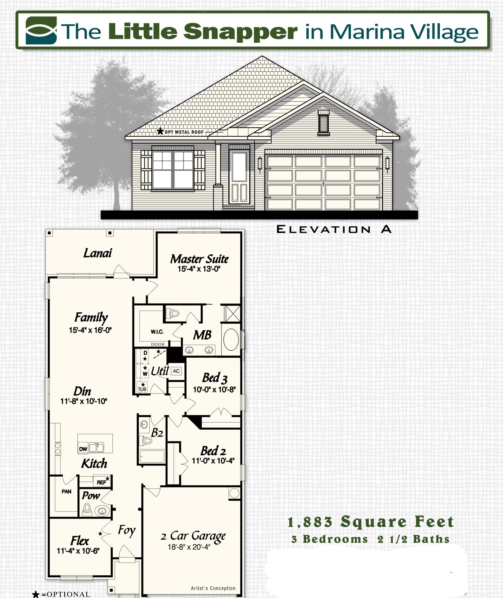 Marina Village is a private, bayou-coastal community, with pool, playground, ponds as well as direct access to Marina. Come see the 1883 sq ft Little Snapper floor plan with 3 bedrooms and 2 1/2 baths. You will love the flow of this plan, when you come in the front door there is a flex room with double doors. The kitchen, dining room, and family room are open concept with a large island in the kitchen and huge walk-in pantry. Several upgrades through out including tiled shower and tub deck in master bath, crown molding in main living area and master bed, 8' interior doors, floor plug in living room, cased windows in family, dining, master and flex room, 6' privacy fence, laminate in all bedrooms and flex room, ceiling fan at lanai, kitchen back splash, and laundry base cabinet w/ sink.