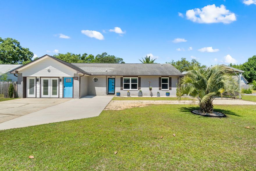 Move-in ready 4 bed, 3 bath pool home on a spacious corner cul-de-sac lot just minutes from Navarre Beach! Thoughtfully maintained with a flexible layout, this home features two private-entry roomsa'ideal for guests, a home office, or multi-generational living. The garage has been converted into a 4th bedroom with full bath and separate entrance. Inside, enjoy an open-concept living space with hardwood-style laminate flooring, Silestone countertops, updated lighting, and stylish finishes throughout. Recent upgrades include hurricane-rated windows/doors, HVAC (2016), water heater (2019), pool equipment (2020), and pool liner (2024). The backyard offers a screened patio, a pool, shed, and lush landscaping. Don't miss this opportunity to own a versatile, beautifully maintained home!