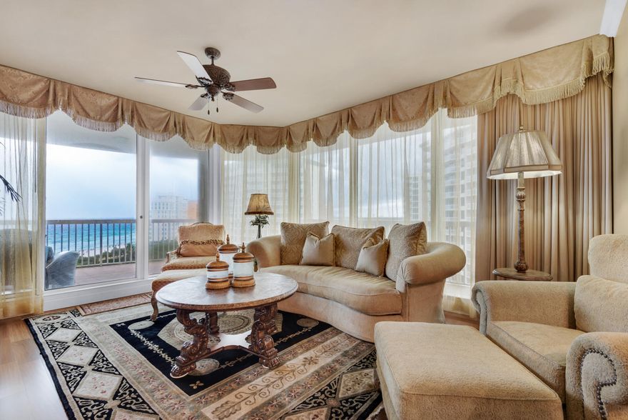 St. Thomas is the premier rental restricted condominium on the Emerald Coast. This exclusive building is gulf front with a semi private elevator that opens directly into the condo foyer. The condo is sold furnished and boasts Brazilian cherry floors in the living areas and master bedroom. Enter from the semi-private elevator into an elegant foyer that leads to the open living area. The large living room and dining room with floor to ceiling windows on two sides, affords views that will take your breath away. The gourmet kitchen has granite counter tops and a double oven. There's a wet bar with a built-in ice maker. Off the kitchen is a separate den which could be used as an office or extra sleeping space for overflow guests. The master bedroom overlooks the Gulf of Mexico as does the