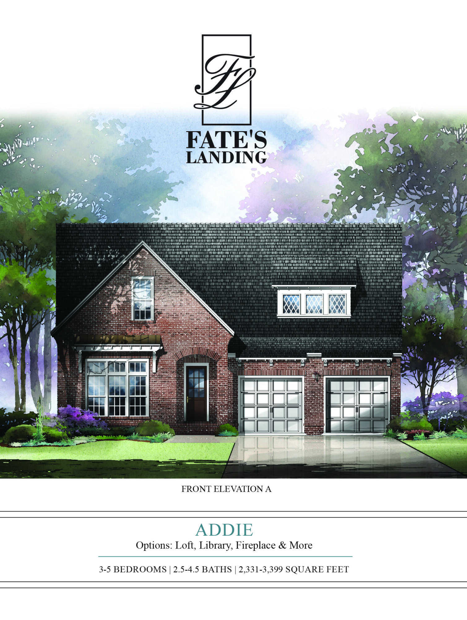 Fates Landing is a new home village of 21 stunning homes from 2000 sq to 3800 sq ft. The Addie plan has 3287 sq ft with 4 beds, 3.5 baths, a study, bonus room and much more