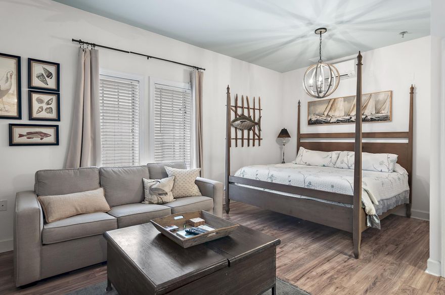 This corner studio in the Village of South Walton is a fantastic find! It boasts a luxurious king bed and a well-equipped kitchenette, blending comfort with practicality. The stylish, charming finishes create an inviting atmosphere, perfect for a beachside retreat. Located at the Heart of The Village, overlooking Peddler's Pavilion, you're surrounded by local entertainment, dining, and shopping. With nearby 30A walk/ bike trail, both Rosemary Beach and Alys Beach are easily accessible, enhancing the ideal location. Offering deeded beach access and strong rental potential, this fully furnished unit is perfect for personal enjoyment or investment.