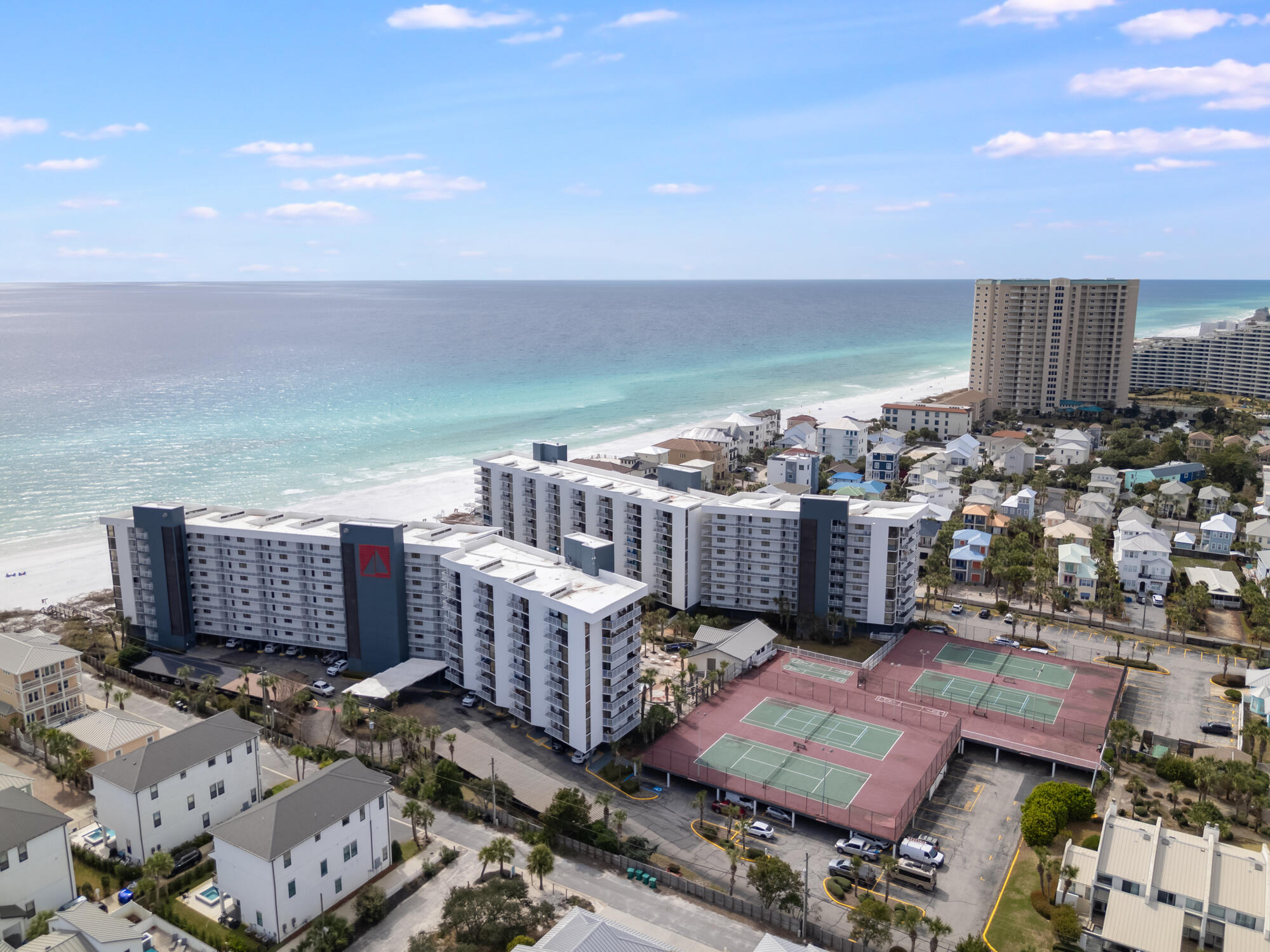 Fully furnished and rental ready beachfront unit! 2 bedroom 2 bathroom corner unit with 2 large balconies at Mainsail in Miramar Beach, FL. One balcony show cases beautiful Gulf views while the other over looks the tennis courts and is a tennis lovers dream! With deeded beach access this property is the one to own. Mainsail is a family-friendly community with great amenities that include 2 pools, 700' of beach access, grilling area, tennis courts, fitness center, covered parking and 24-hour security. Buyers to verify all information for accuracy.
