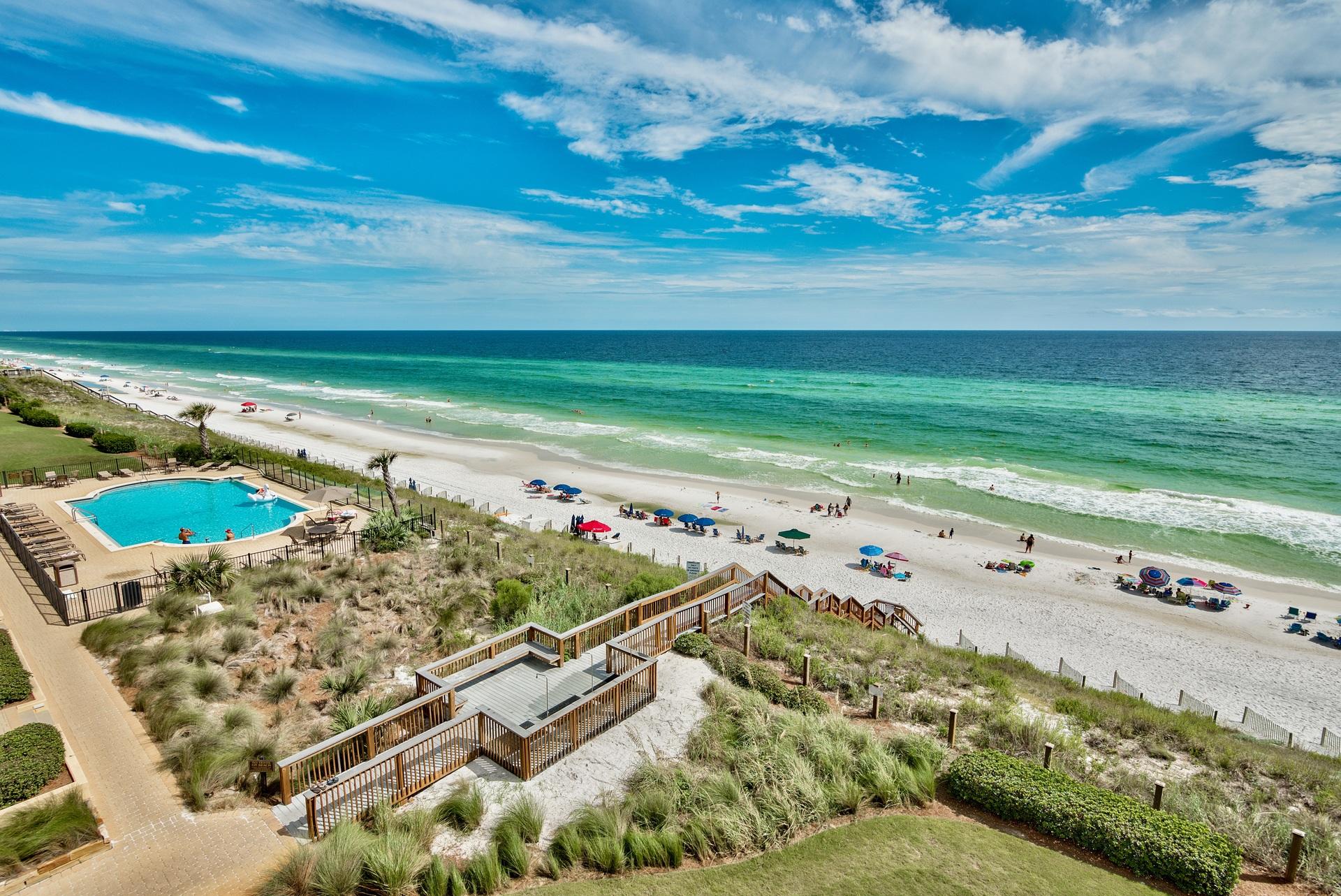 Top floor, direct beach front 4BR/3BA, in Adagio finally for sale! 402C offers the best Gulf views on 30A. Kitchen with granite, stainless appliances, gas fireplace, beautiful furnishings and all hard surface flooring. This premier condo also has a full laundry room, interior large owner's closet, 1 covered parking space & exterior storage.Gulf-front Master suite with balcony access, the 3 guest bedrooms are graciously sized with one accommodating two queen beds. Included in the purchase are all furnishings & decor (the original Kate McKay remains).Currently a vacation rental with over $109k in booked in 2017.Adagio offers luxury in Blue Mountain Beach, gated community w/2 pools, a heated infinity edge pool & a 8,000 sq ft pool with fountain, water falls & spa, gym and all on THE BEAC