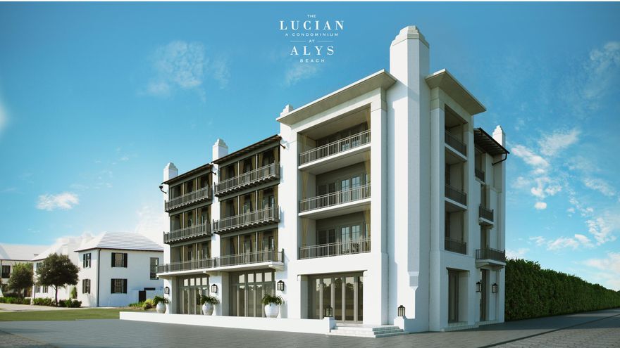 Spacious 3 bedroom, 3 -1/2 bath residence in The Lucian, our first Town Center mixed-use building. Located on the southwest corner of the Amphitheater, The Lucian will stand four stories tall, featuring first-floor commercial space and three floors of condominium residences, with an enclosed parking garage beneath. There will be eight residences, with seven residences available for purchase, one 1-bedrooms, four 2-bedrooms, and two 3-bedroom suites, with expansive porches and views east to the Amphitheater and south to the Gulf beyond. The architecture, by Khoury & Vogt Architects, follows in the tradition of Alys Beach, with white stucco walls and piers divided by stained wood porches and balconies.