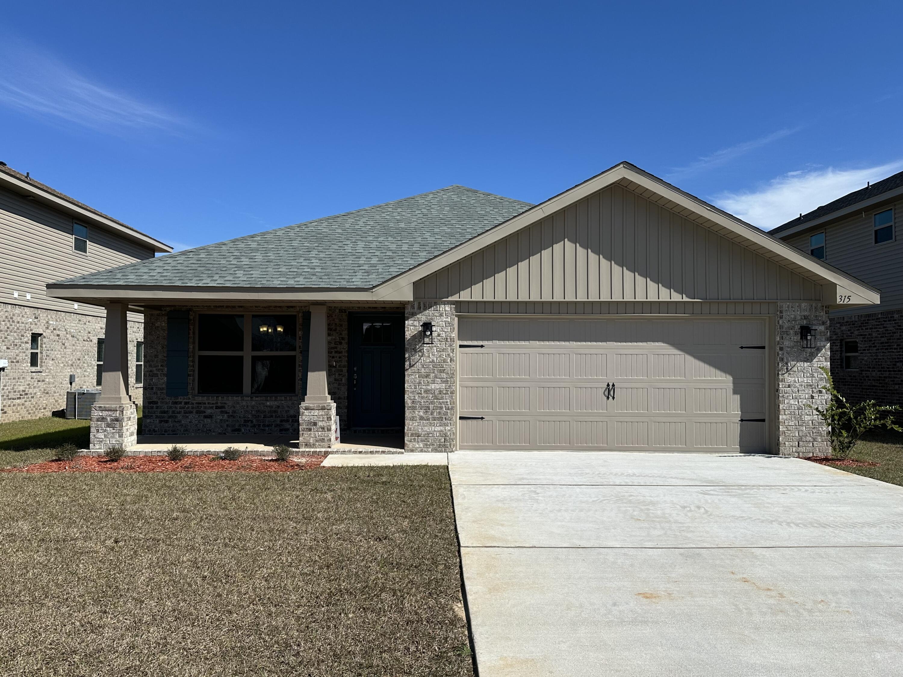 This home offers 1727 square feet of living space. Three bedrooms, two bathrooms, a formal dining room, beautiful kitchen and a covered front and back porch. It is being built in North Crestview within close proximity to schools, shopping and much more. The home is 4-sided brick, 2 car automatic garage, irrigation and a fully sodded yard with a landscaping package. Some upgrades that are being added to this home include granite countertops in kitchen and bathrooms, upgraded flooring everywhere with carpet only in bedrooms, craftsman style elevation, and a separate walk-in shower and garden tub in the master bathroom. Ridgeway Landing is a beautiful newer neighborhood, it also has a community pool for your enjoyment!