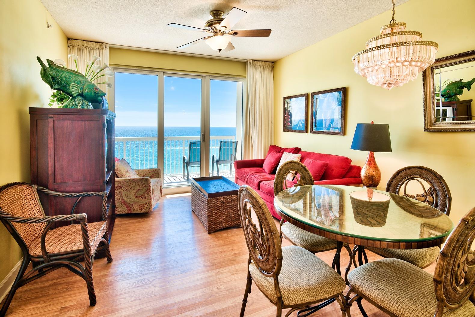 Welcome to Seychelles Beach Resort, a beautiful Gulf front 22-story condominium on the East end of Panama City Beach offering spectacular views of the Gulf of Mexico. This is the most desirable 1-bedroom floor plan with a GULF FRONT MASTER BEDROOM, 2 full baths, and an additional bunk room. The unit is being sold fully furnished and decorated. Interior features 9 ft. ceilings, large windows & sliding doors to maximize the views, tile floor in the entry, kitchen, and bathrooms, and wood floors in the living area and bedrooms. There is balcony access not only from the living area, but also the master bedroom. Capture breathtaking views of the Gulf throughout the unit. The kitchen includes a breakfast bar, white appliances, unique custom backsplash and pantry and is open to the dining area.