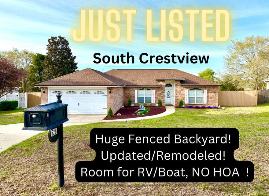 SOUTH CRESTVIEW!  Well maintained, remodeled and Updated!! Huge fenced backyard with double gate and room for RV/boat storage! New roof in 2019! Natural gas installed in 2021! Why buy new construction and spend all the extra money to add fence, blinds, washer/dryer, refrigerator , and storage shed when all of the above convey with this move in ready affordably priced home? The kitchen in this 3 bd 2 bath home is awesome. You'll love how the beautiful beachy colors of the granite countertops flow nicely with the tasteful colors of the cabinetry. The built in banquette seat provides tons of seating space and enables you to use a large table . The flooring and lighting have been upgraded , even the garage door and door opener have been replaced. The vaulted ceiling really adds to the open