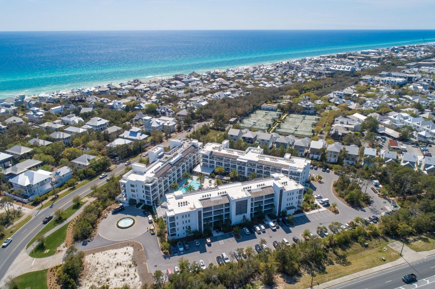 *Virtual Tour Available*This two-bedroom two-bathroom condo offers gorgeous views of the palm trees and cabanas around the Caribbean-style pool at this luxurious architectural award-winning resort on the east end of 30A. Directly next to Rosemary Beach, at the intersection of Hwy 98 and Hwy 30A, just across the street from the shops and dining of 30 Avenue, this is a coveted piece of real estate on 30A.