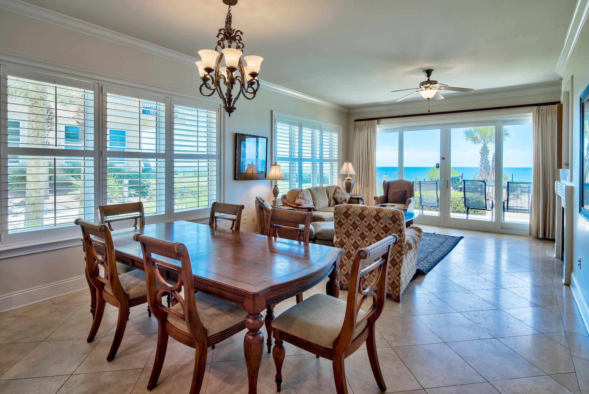 Gulf-front light-filled airy corner unit at Adagio has 4 bedrooms w/en-suite baths, spacious bunk room, direct access to a tranquil heated pool from expansive terrace, AND IS furnished and TURN-KEY! Luxury features include 10 ft. ceilings & crown molding, travertine floors, high-end stainless steel appliances, new ice machine, 6-burner gas stove, lavish master bath w/over-sized whirlpool tub and double headed shower w/built-in seating, walk-in closets, deeded garage parking & storage. Gated complex w/24-hr security, gym, an 8,000 sq ft cascading resort pool with spa amid lush landscaping PLUS 580 ft of PRIVATE white sand BEACH! What more could you want in a beach home to make priceless family memories and a great rental return to boot!?