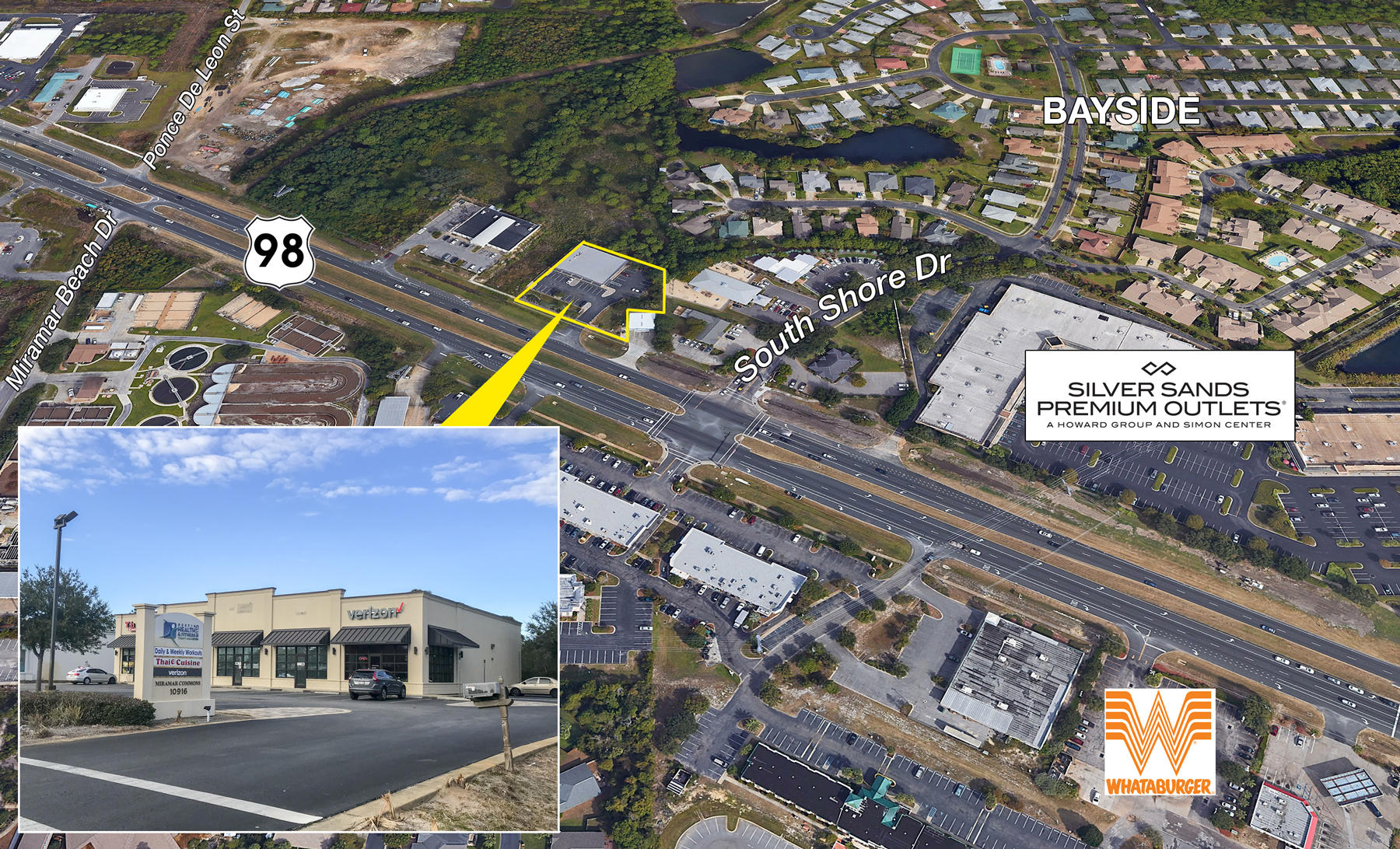 Prime retail location in close proximity to Silver Sands Outlet Mall in Miramar Beach, Florida! Former uses were fitness club and hair salon.