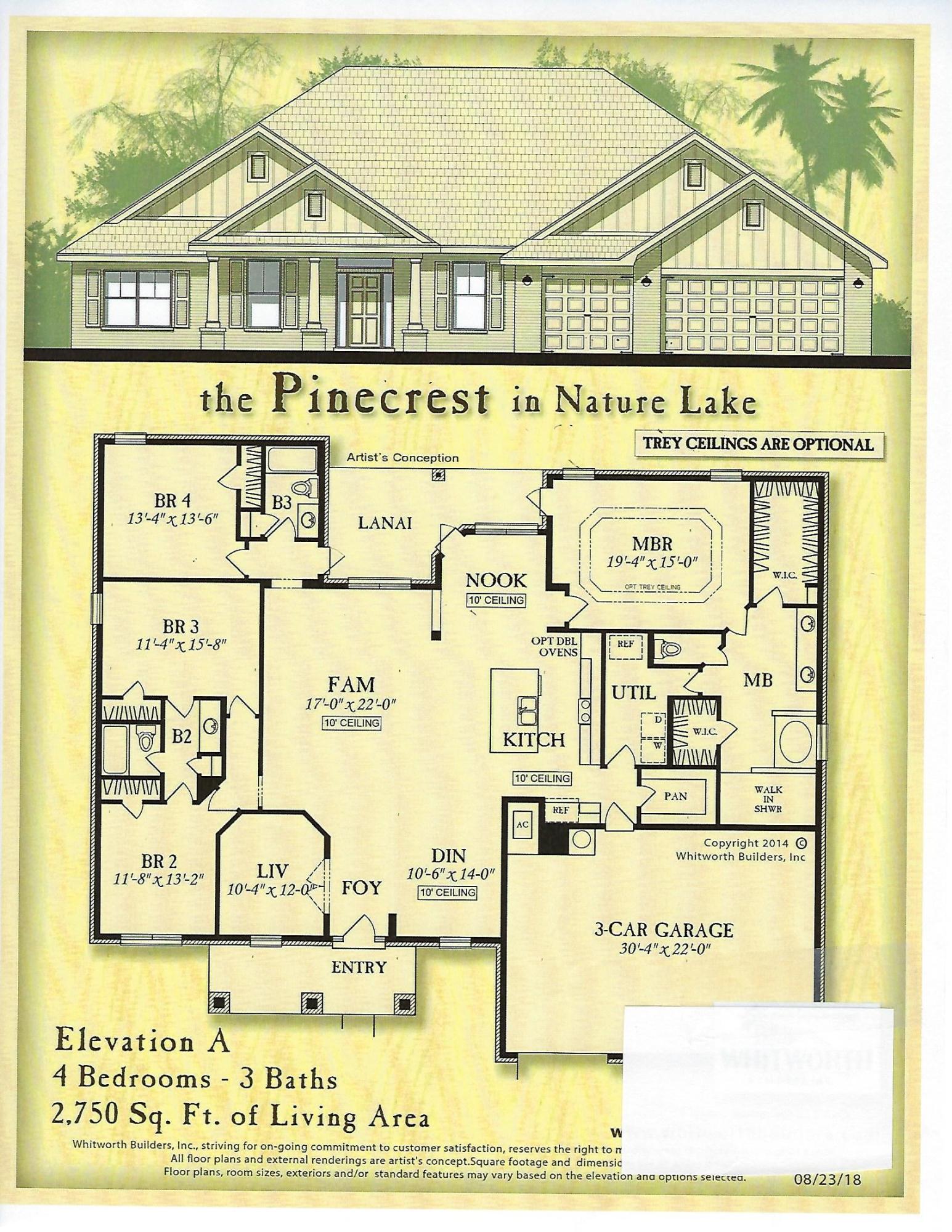 The Pinecrest features Split Bedroom Plan 4 Br/3 Ba, Nook, Family, Living & Dining Rm; 3 Car Garage * Master Bath: Signature Walk in Tile Shower, Tile Flooring, Separate Soaking Tub, Dbl Vanities & 2 Walk-in Closets * Tile Flooring in Wet Areas * Family Room has 10 Ft Flat Ceilings * Kitchen has Granite Counter tops, Granite Island, Breakfast Bar, Stainless Steel Appliances * 2x6 exterior walls & Covered Rear LanaiThe Nature Lake Community features access to a 28 Acre Lake for recreation, along with a future common area Nature Path. Builder will pay most closing costs if Buyer chooses one of the Builders 5 preferred lenders.