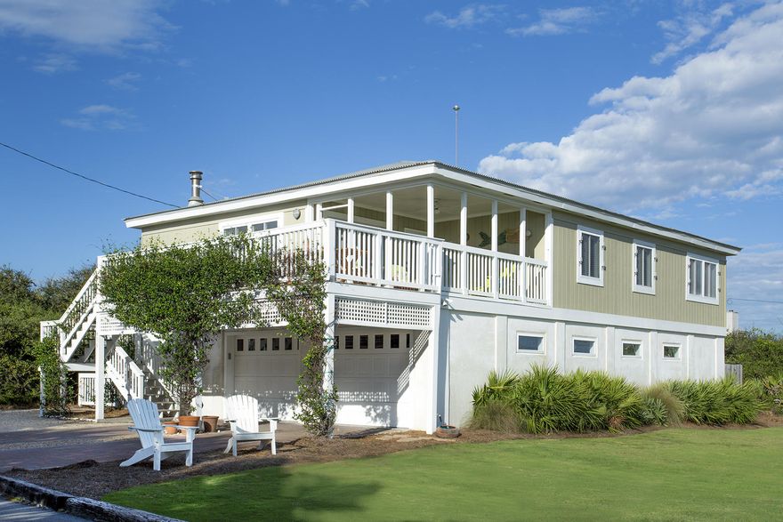 Spectacular views of The Gulf of Mexico from this Inlet Beach 'vintage' cottage. Although built in 1971, just about everything in this home has been replaced or improved. Elevated in 2004 to 'double the space', this home now includes a 3 car garage, flex/studio space that could be converted to additional bedrooms and full bath. Steps to two beach access points, also walking distance to Rosemary, Seacrest and Alys.