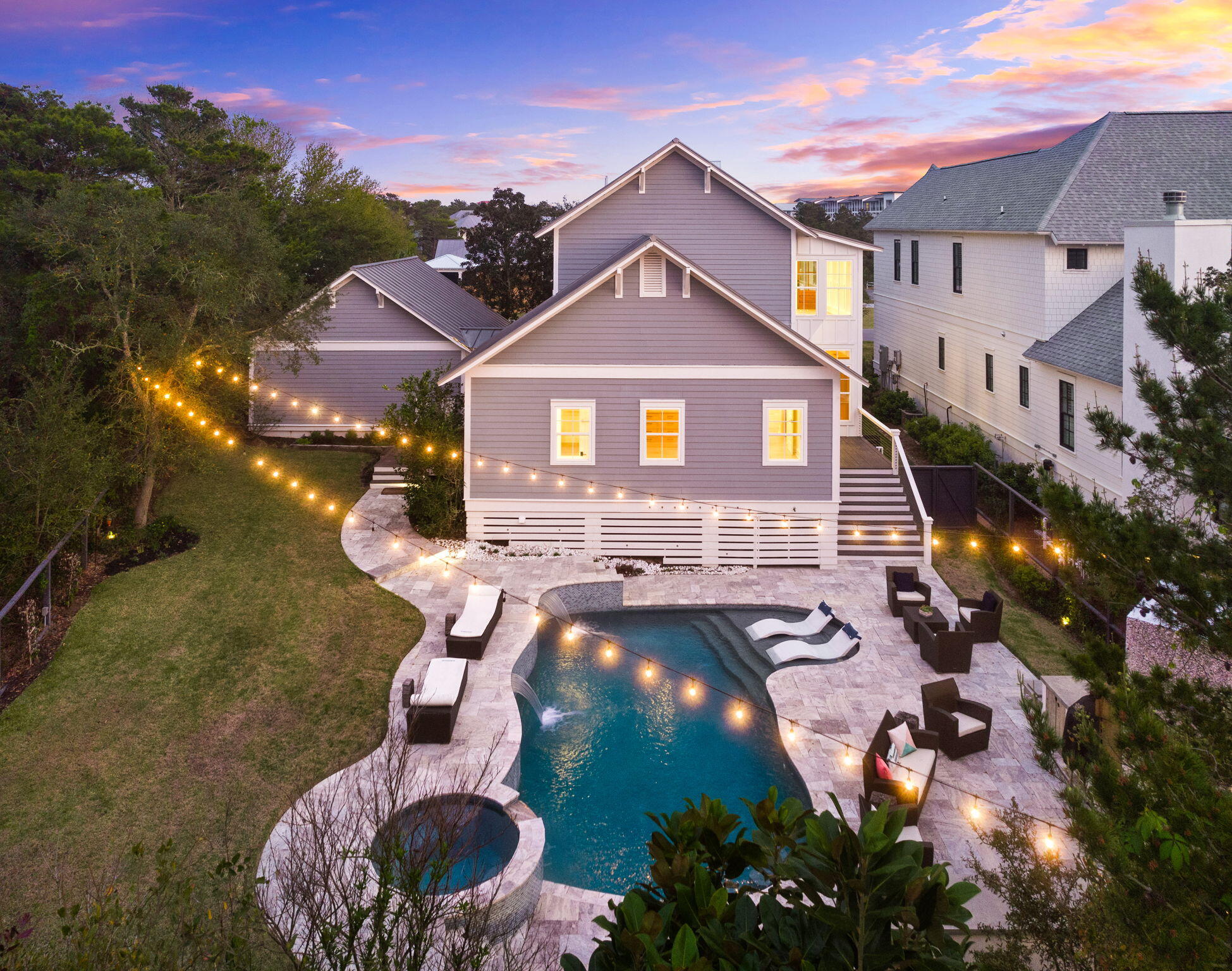 Exceptional home on the ever so popular East end of 30A with considerable attention to detail. The double wrap around front porches welcomes you and your family to this 4 Bedroom, 2,543 Sq Ft home with a private backyard oasis. The kitchen is an entertainers dream with Dacor Professional Appliances, Custom Panel Front Refrigerator, oak island, wood plank walls, pantry, full slab backsplash of Tahiti Quartzite and the Dining Room with custom oak built-in buffet with storage cabinetry and wet bar give room for all your friends and family to gather. Your guest will enjoy the convenience of the first-floor half bath with antique cabinet sink base and the laundry room just off the kitchen. The Primary Suite completes the first floor with a custom wood walk in closet, freestanding soaking tub,