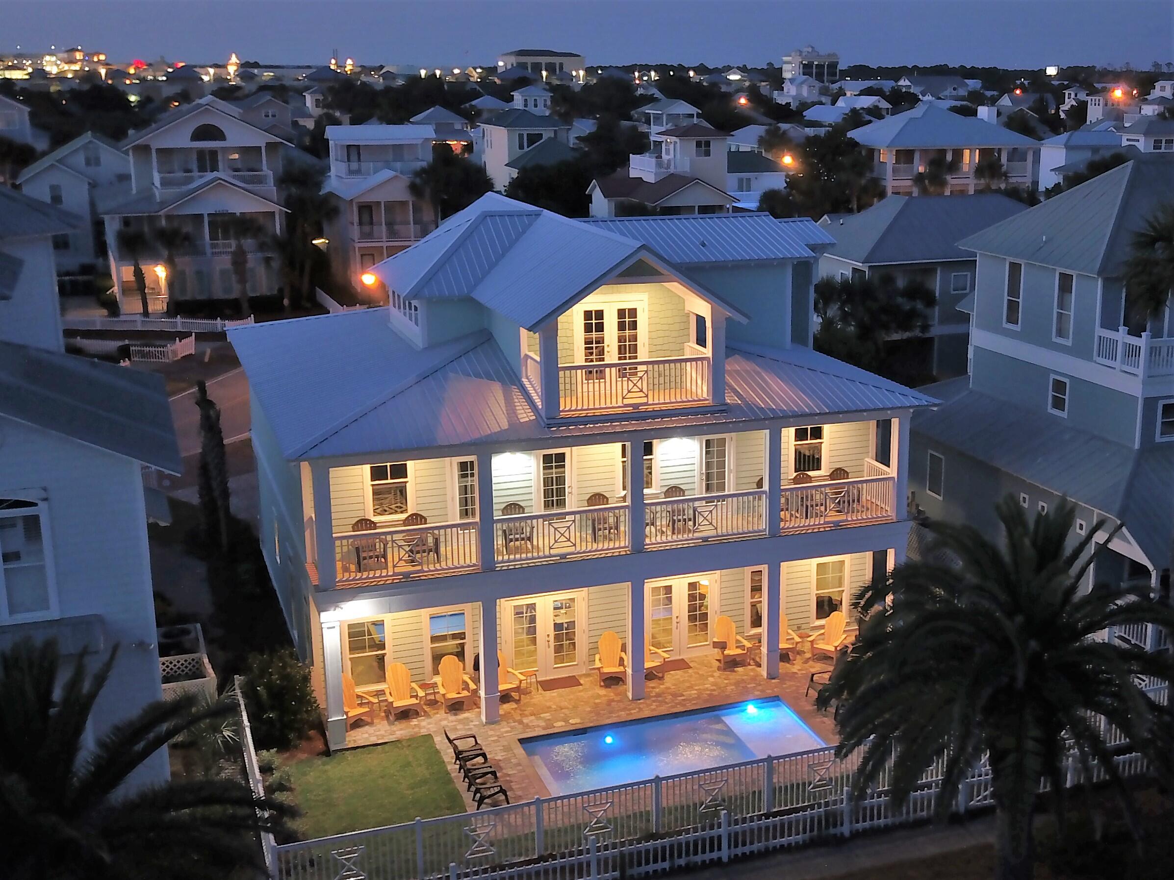 Chill Pill Destin has a fantastic layout and is directly across the street from Crystal Beach! There are 6 King suites (all with attached full baths). The 7th 3rd-floor bunk room has 8 built-in twins, a lounge area, and a full bath, perfect for the kids. This home sleeps 24 guests in beds. Three second-floor King suites share a house-width porch with limited beach views and overlooking the pool. The other two King suites are large and also have a set of twin bunks for young families. All ship-lapped wood walls and ceiling accents add character and limit maintenance, making this house a perfect vacation rental. The main living area is the heart of the home. Shoot a game of pool or challenge your teens on shuffleboard in the living/dining area, which seats 24 for meals. Stainless appliances throughout, plus double washer/dryers in laundry room. Walk a half-block to the public beach at the Hutchinson Street access. Quaint community has a pool and lighted sidewalks for a pleasant evening stroll. Camille's is a half-block away for your morning coffee ritual. Selling turn-key, you won't find any house this efficiently laid out! Our outdoor beach shed is full of beach supplies.
