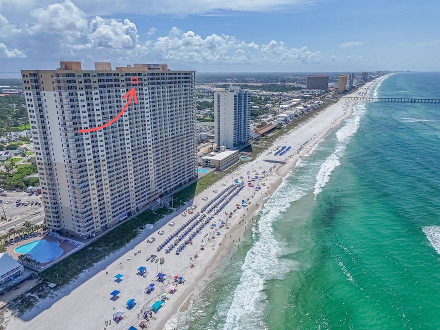 Welcome to Tidewater Beach Resort Unit 2910--an updated penthouse-level condo featuring 2 bedrooms, 3 full bathrooms, and a private bunk area that functions as a true third bedroom. Enjoy sweeping Gulf views from the living area, kitchen, and balcony. This open-concept layout features 9-foot ceilings, luxury vinyl and tile flooring, solid surface countertops, and stainless steel appliances. Sold fully furnished and rental-ready.The master includes an en-suite bath, while the bunk area sits adjacent to a full bath for added privacy. Unique to this unit are two private storage units on the same floor--a rare and valuable feature for owners. HVAC replaced in August 2024.Tidewater Resort offers over 600 feet of beachfront, two 4,200 sq ft lagoon pools, indoor heated pool, fitness center, sauna, steam room, on-site dining, tiki bar, theater, game room, and more. Prime location near Pier Park, the airport, and area attractions.