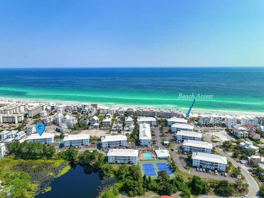 Welcome to Beachside Villas 1211 - your perfect Seagrove Beach getaway along the iconic 30A!This charming two-bedroom, two-bath condo offers the ideal blend of relaxation and convenience. Enjoy quick access to the sugar-white sand and emerald waters of the Gulf. You can take a relaxing walk and be at the beach in just a few minutes--or, if you prefer to ride, hop on the complimentary beach shuttle that runs regularly throughout the day during the season. Either way, you're just moments from the sugar-white sand and emerald Gulf waters! The condo is conveniently located right by the pool, you can sit on your private patio and watch your family splash and play while you kick back with a good book or cold drink. Inside, the open floor plan is light, bright, and designed for coastal comfort. This well-maintained, turnkey condo features a fully equipped kitchen  perfect for everything from beach snacks to full family meals. The master bedroom includes a king-size bed, a large closet, and a private ensuite, giving you a peaceful place to unwind after a day in the sun. The guest bedroom features two twin beds and a playful "surfer's paradise" theme that guests of all ages will enjoy. Beachside Villas is packed with community perks, including two pools (one seasonally heated), tennis and pickleball courts, shuffleboard, and community BBQ grills that make outdoor dining a breeze. The complex has undergone major upgrades, including hurricane-rated windows and sliders, Hardie board siding, and new roofing  offering peace of mind and long-term value.Located in the heart of 30A, you're just a short drive or bike ride from Seaside, Rosemary Beach, and tons of local dining, shopping, and entertainment. A seasonal golf cart shuttle, scenic nature trails, and Deer Lake State Park make it easy to explore and enjoy the best of the area. Whether you're looking for a vacation retreat, rental investment, or your own piece of paradise, Beachside Villas 1211 is the beach escape you've been waiting for.
Buyer to verify all dimensions.
