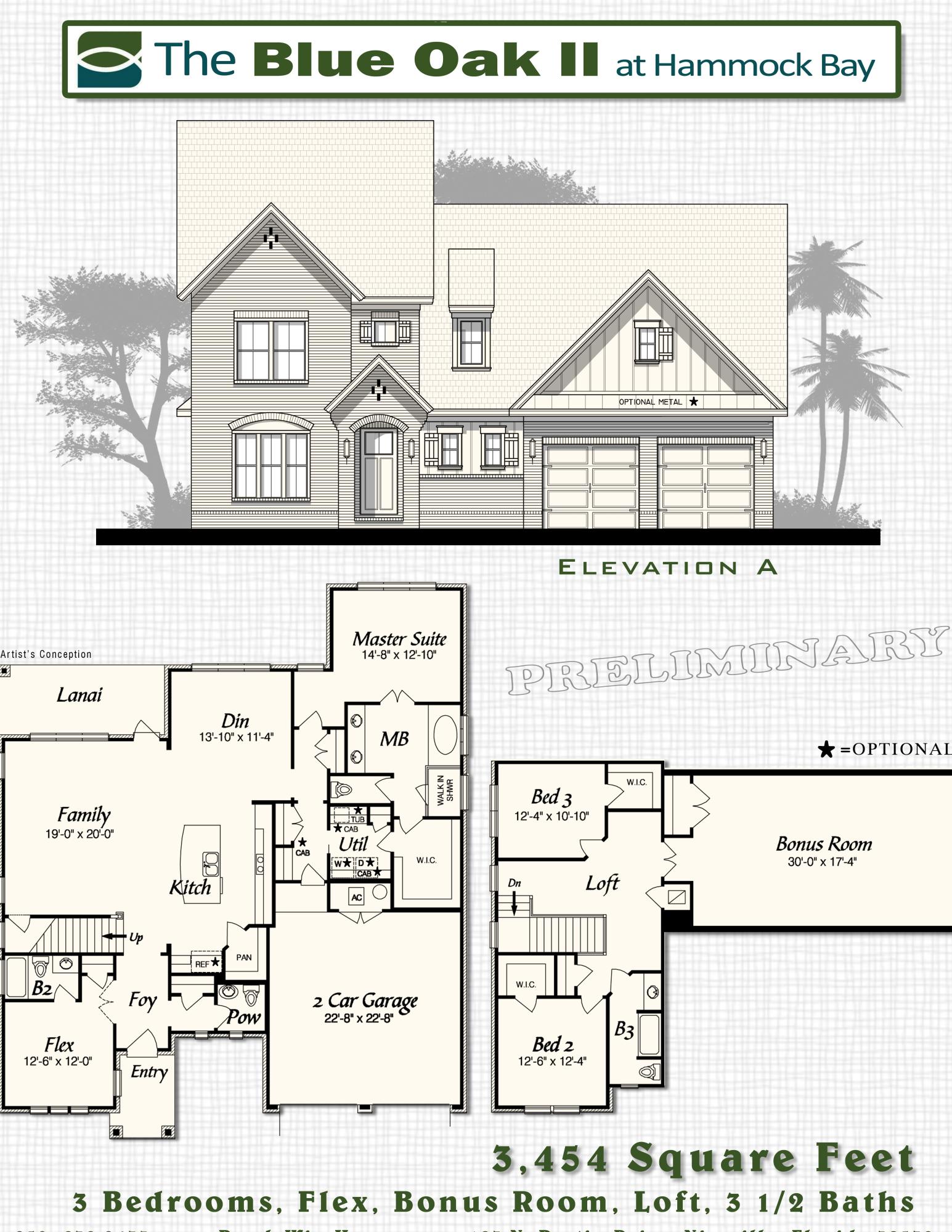 Blue Oak II plan has 3,454 square feet, 3 bedroom, flex room with french doors, bonus room, 3 baths. Brick exterior, covered, screened rear porch with ceiling fan and a 2 car garage. Interior finishings include, 9' ceilings, granite counter tops, laminate throughout, crown molding, cased windows and openings. Upgrades include fridge/freezer, laminate throughout, wood stairs, screened in back porch, sink in laundry room with upper and lower cabinets. Natural gas range and Rannai tank water heater. Stainless Frigidaire appliances, WoodHarbor cabinets. Hammock Bay is a 3,200 acre master planned development which offers a clubhouse, movie theater, pools, workout facility, nature trails and a pet par