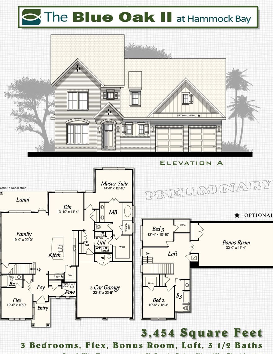 Blue Oak II plan has 3,454 square feet, 3 bedroom, flex room with french doors, bonus room, 3 baths. Brick exterior, covered, screened rear porch with ceiling fan and a 2 car garage. Interior finishings include, 9' ceilings, granite counter tops, laminate throughout, crown molding, cased windows and openings. Upgrades include fridge/freezer, laminate throughout, wood stairs, screened in back porch, sink in laundry room with upper and lower cabinets. Natural gas range and Rannai tank water heater. Stainless Frigidaire appliances, WoodHarbor cabinets. Hammock Bay is a 3,200 acre master planned development which offers a clubhouse, movie theater, pools, workout facility, nature trails and a pet par