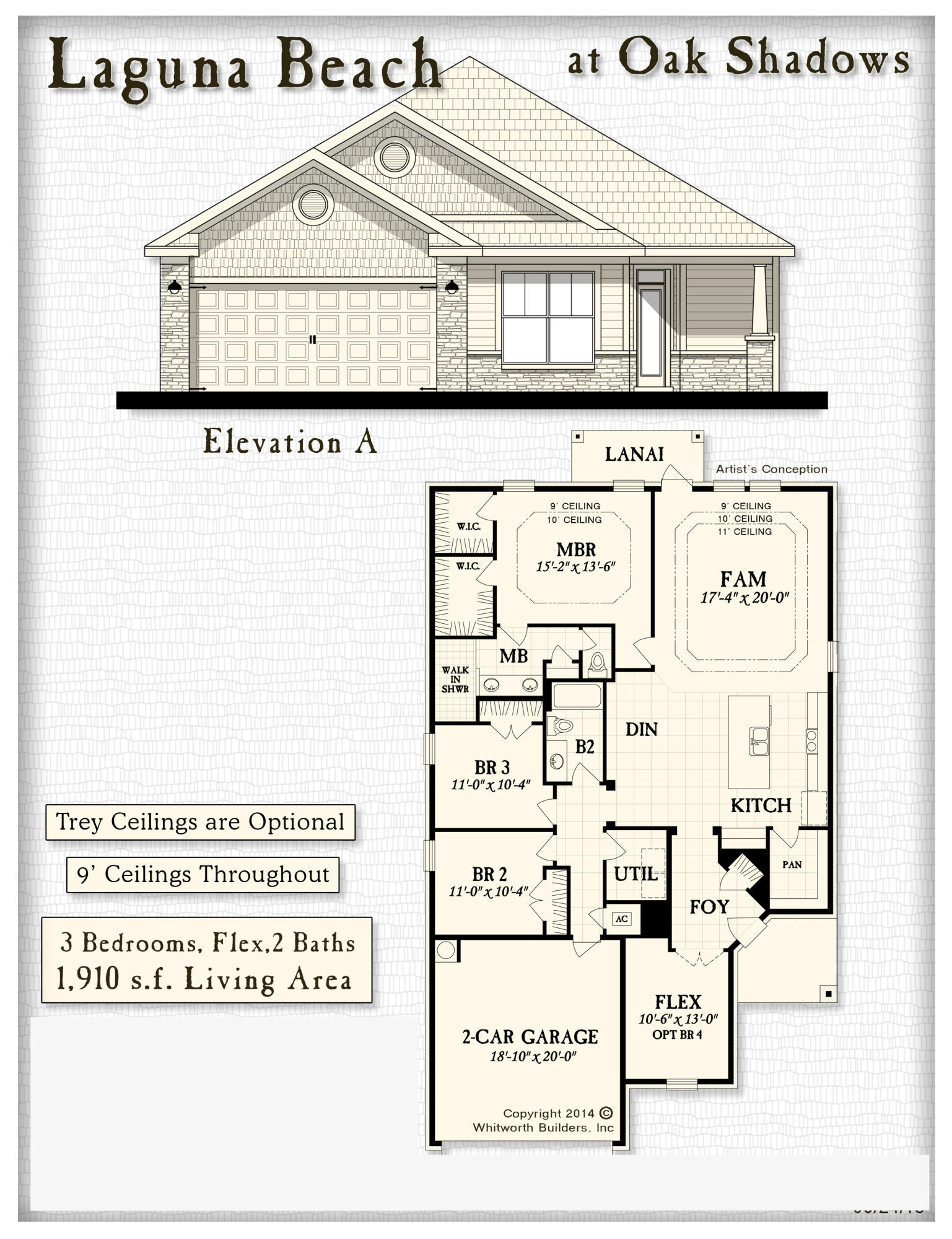 New plan for Whitworth ''Laguna Beach'' Enter from the front porch into a spacious foyer, off the foyer enjoy a flex room, living room, office. This home offers split floor-plan with Tile in all wet areas and dining area. Enter the kitchen with 3 cm granite counter tops and Stainless Steel Appliances. Energy features include 2x6 exterior wall construction offering a R19 insulation rating. Large windows bathe each room with tons of natural light. This open floor plan boasts a designer kitchen with beautiful granite countertops and an impressive dining cafe. All overlooking Family room with dual ceiling trays climbing to 11' Large Tiled Walk-in shower in Master Bath. Brick 3 sides and Hardy Board and brick on the front. Photos from a previous build this home will not be the same colors.
