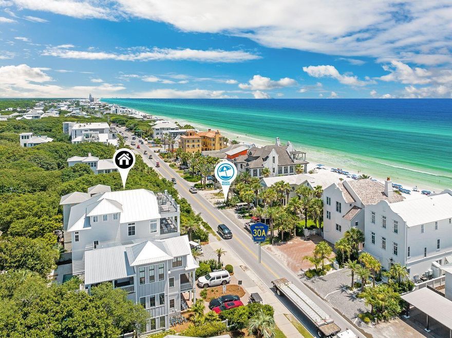 Discover unparalleled elegance in this luxury home located on 30A, nestled between the renowned Surfing Deer and Seaside. This exceptional Seagrove Beach property boasts breathtaking panoramic Gulf views and a remarkable rental income grossing up to $320,000. Encompassing over 5,200 square feet of meticulously designed living space, along with an additional 2,500 square feet of inviting porches, this six-bedroom, seven and one half bath haven is across from the Live Oak Beach access.Step inside and experience the exquisite modern interiors, accentuated by tasteful designer finishes that create a seamless blend of sophistication and style. The first level features a game room that opens to a stunning lanai accentuated with a fireplace, outdoor grill, and heated saltwater pool, and full pool bath. 

Experience the timeless elegance of an exquisite travertine pool deck, elegantly surrounded by an abundance of palm trees that enhance your privacy. This luxurious outdoor oasis invites relaxation and tranquility, making it the perfect retreat for sun-soaked days and starlit evenings.

The bunk room, accommodating four, includes two sets of full/full bunks with a private ensuite  bath. 

The second floor is dedicated to the owner's retreat, complete with a walk-in closet and a luxurious private bath featuring a shower, dual vanity, and a soaking tub with Gulf of America vistas with balcony access overlooking 30A. Three additional bedrooms, one with gulf views and balcony, ensuite baths, and second laundry area adds convenience.

Ascend on the elevator to the third floor with a sleek wet bar equipped with a wine refrigerator and ice machine. The gourmet kitchen showcases a dynamic quartzite island, Wolf appliances, including a double gas range, exhaust hood, dual dishwashers, SubZero refrigerator, and convection oven overlooking the elegant dining area with endless gulf views. 

Enhancing your outdoor living space are dual euro doors creating an outdoor entertainment oasis with room for outdoor dining or overflow guests.

The crowning glory is the fourth level rooftop sun deck, offering breathtaking 360-degree views of the Gulf, ideal for sunrise and sunset memories of a lifetime. 

The sixth bedroom with a king bed and ensuite bath completes the third floor, with a half bath for guests. 

Exquisitely appointed and offered fully furnished with elegant hand screen-printed wallpaper, custom tile and fixtures hand picked in each space fulfills the sophisticated palette.

For those who prioritize living and vacationing along 30A, this home offers walking 150 feet to the scenic Gulf of Mexico and Seaside; perfect for the avid beach connoisseur seeking the luxury 30A lifestyle.