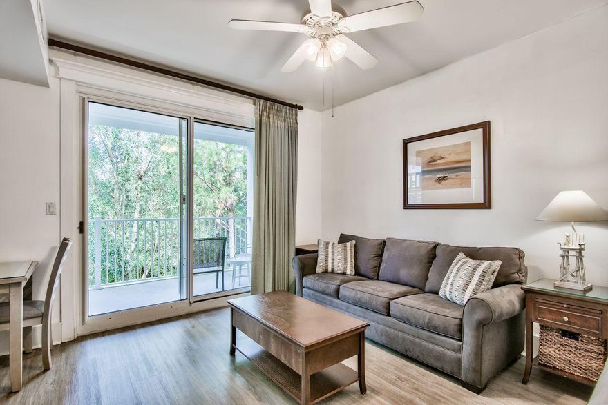 Fully furnished ''A Rated'' studio with a spacious private balcony overlooking serene nature views of the Grand Garden. LVP flooring installed Nov 2019. Fully furnished with kitchenette, dining table, sleeper sofa, and a full bath. Separate owners storage cage in the garage for beach toys/chairs etc. HVAC installed July 2015. Centrally situated close to the action and entertainment of Baytowne Wharf, the Conference Center, and a ride or shuttle to the beach and the amenities Sandestin Resort has to offer. Amenities include a gated underground parking garage, zero entry lagoon-shaped pool, hot tub, children's pool, fitness room, and access to the private Solstice Club located on the Bay with a large grill, outdoor gas fireplace, indoor bar, and comfortable seating inside and out.