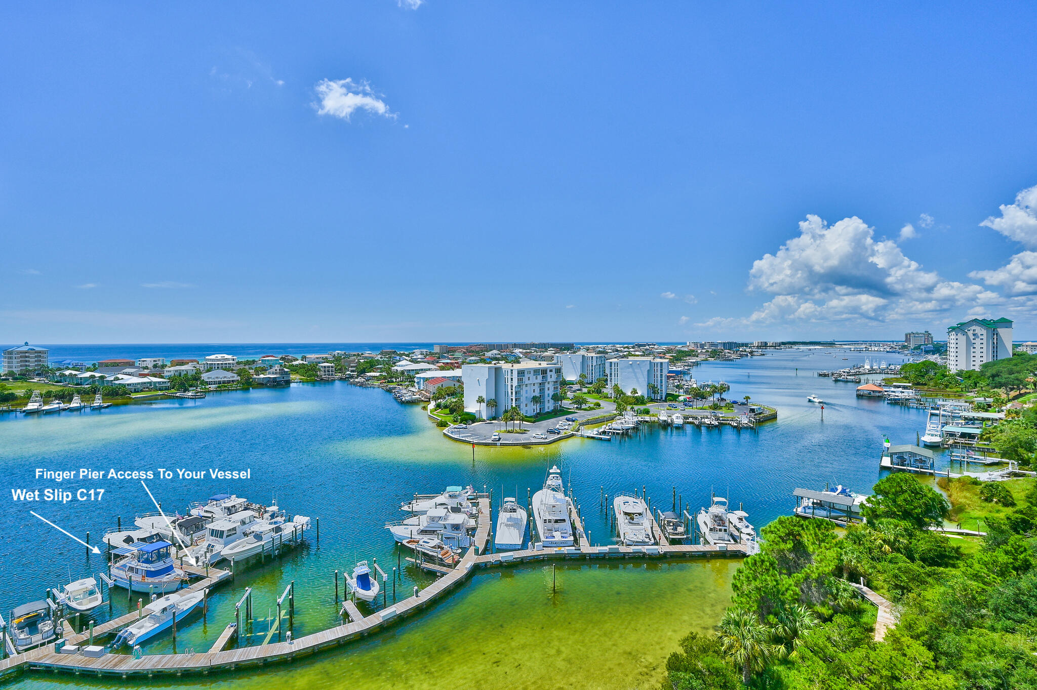 40x15 wet slip on the beautiful Destin Harbor in Marbella Yacht Club. Prime location in the Marina with access to your vessel via finger pier. Monthly Yacht Club Dues do not cover electricity usage from shore power. Slip will convey via Assignment of Use. Buyer to pay 6% Florida Sales Transfer fee to DEP at closing. Marina is professionally managed. HOA fees $260/month. Buyer to verify all dimensions and dues.