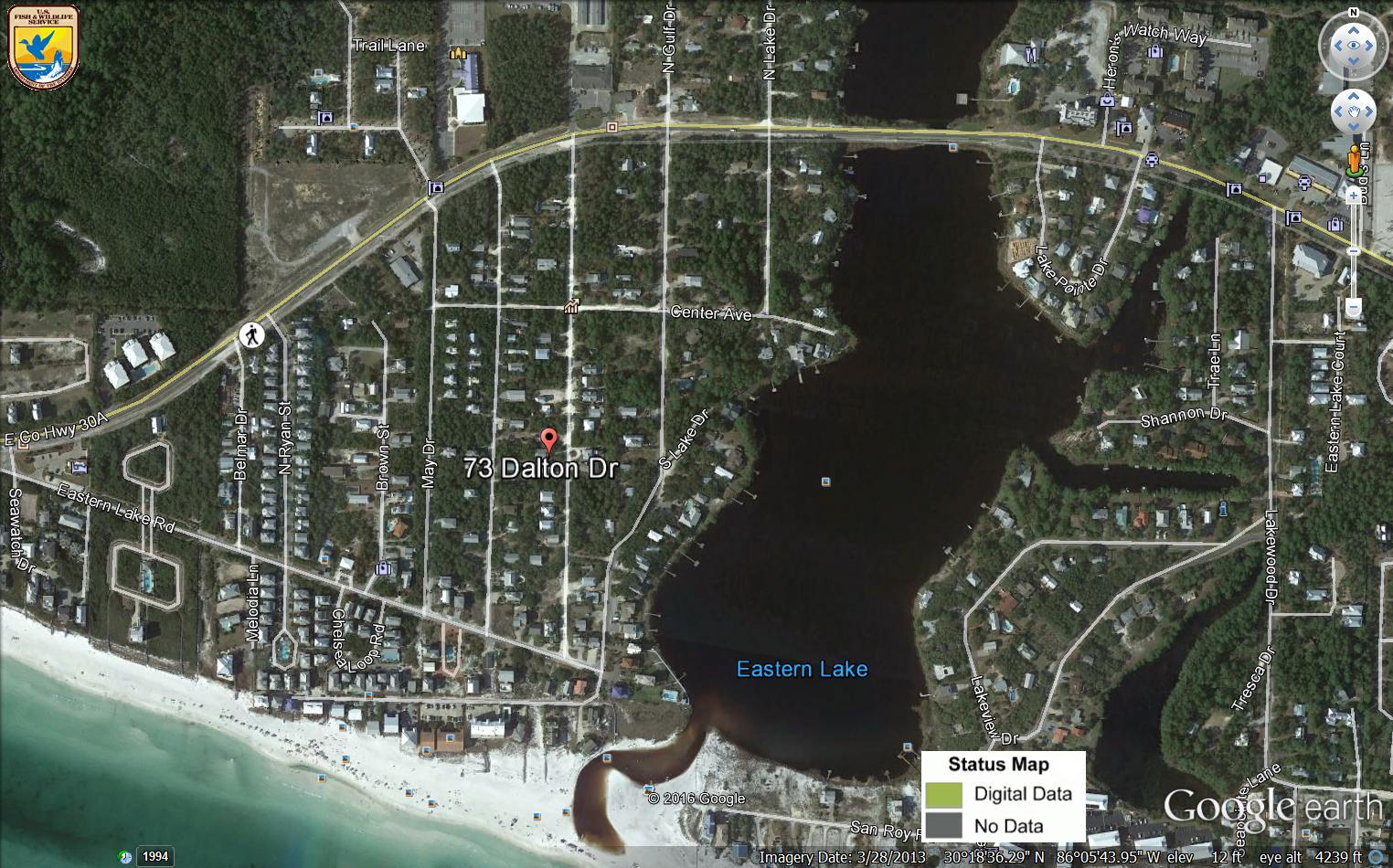 Vacant lot South of Hwy 30-A near beach/access and Eastern Lake. Unaffected by 300' CDLPZ or Beach Rat Zone. No HOA, fees, or build-out time. County building codes apply, to be verified by buyer. Water tap paid. Sewer available. Existing septic tank on property according to owner.
