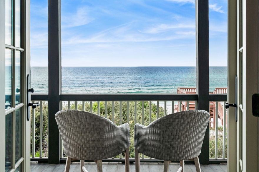 Begin your new year making unforgettable memories owning this quintessential Rosemary beach gulf front cottage. Originally designed by acclaimed architect Bobby McAlpin you will immediately experience a sense of calmness upon entering. The intentional use of muted colors, superior architecture, elegant furnishings and sheer draperies combine to set this home apart from your stereotypical beach cottage. This home is positioned on a rare, oversized gulf front cottage lot allowing for an expansive courtyard between the main house and carriage house. The perfect gathering spot for entertaining friends and family with future possibilities for adding a pool. Boardwalk leading to the beach is right at your door you can be on the beach in seconds. No need to hike through the community to reach the beach access. Main house offers three bedrooms with ensuite full baths the second level living area features vaulted ceilings which add spaciousness to the room. Three sets of french doors lead to the open porch which overlooks the gulf. Ceiling height in the kitchen is intentionally lowered to give the area a sense of comfort and warmth. The carriage house offers a full size kitchen, living area, bedroom nook and full bath with all the interior finishes consistent with the main house. The two car garage is positioned in such a way that provides easy ingress and egress. You can actually park your vehicle inside the garage! You must see this home to fully appreciate all it has to offer.  From incredible gulf views, great location within the community, ease of access to the beach, oversized lot, superior architecture and furnishings you don't want to miss the opportunity to make it yours. 