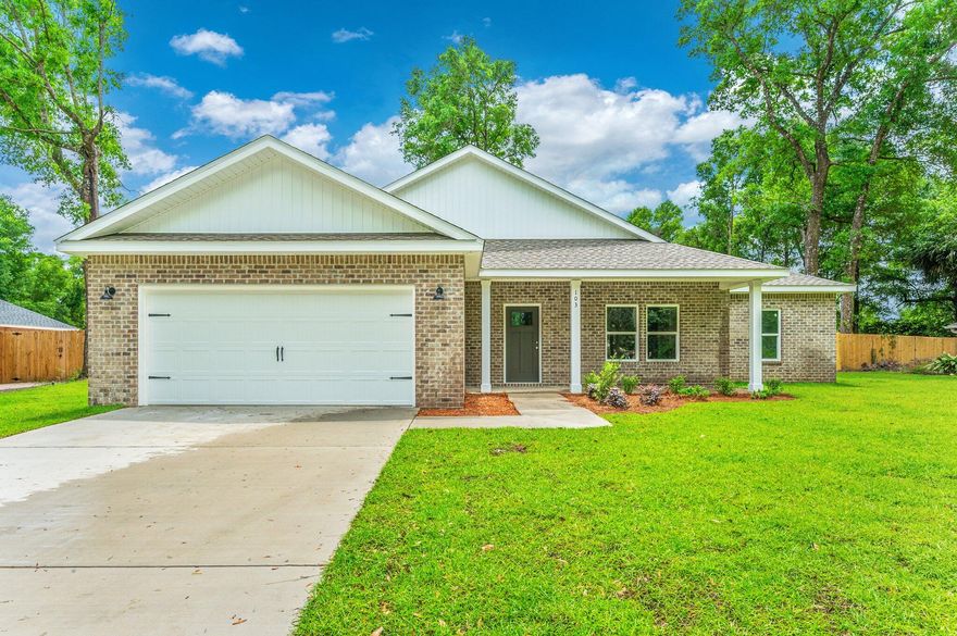 THE POPULAR ''SIERRA'' PLAN IS BEING BUILT ON A HALF ACRE LOT! All brick construction with covered front and rear porches for relaxing! Entryway opens to family/kitchen/ dining area, all with raised ceilings, recessed lighting & plenty of windows for natural light.  Kitchen has pantry, work island w/bar seating, stainless-steel appliances, quartz countertops and cozy dining nook. BONUS - MUD ROOM (with space for lockers or bench + LAUNDRY ROOM.  True split BR plan, owner's bath has walk-in closet, double vanities, tiled shower + linen storage. Three bedrooms + full bath off the family room.  Luxury vinyl plank flooring in common areas/baths, ceiling fans in all BR'S, landscaped yard + finished garage.  Photos of similar home, elevation, interior/exterior colors will vary. READY MID JULY!