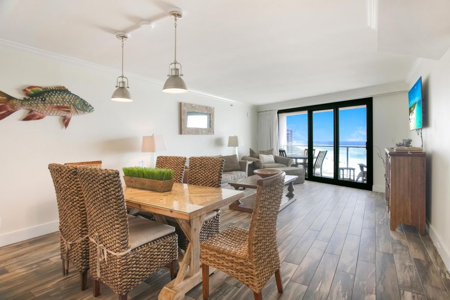 Newly remodeled beachfront condo featuring gulf views from your large covered balcony and primary bedroom. The interior features all new hard plank flooring, remodeled bath with subway tile and a beautiful walk-in shower, new stackable washer/dryer, and an updated kitchen equipped with custom white gloss cabinetry, tiled backsplash and new stainless steel appliances. Beachside II offers a private beach access, refreshing pool, an on-site fitness center, and a covered parking garage. Beachside II is currently undergoing exterior renovations. As an introduction to the Sandestin lifestyle, we invite our new owners to explore amenities that make Sandestin special. The listing brokerage and seller(s) are presenting the buyer(s) of this property with (2) 90-minute rounds of Tennis court time,