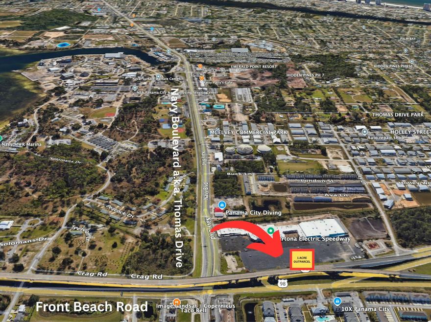 Prime 1-Acre Outparcel - 7099 Hwy 98 W, Panama City Beach, FL 32408Now available: a high-visibility 1-acre outparcel at 7099 Hwy 98 West in Panama City Beach, FL. Situated within a retail center anchored by Murphy USA, Dollar General, and the high-speed electric go-kart attraction Cartona, this site benefits from exceptional traffic counts and a strategic location.The site lies directly adjacent to NSA Panama City Naval Base, surrounded by residential neighborhoods and year-round demand drivers. With multiple AADT corridors converging nearby--including 69,718 vehicles per day on Hwy 98 Front Beach Rd, and 36,500 on Thomas Drive, the exposure and access are unmatched in this submarket.