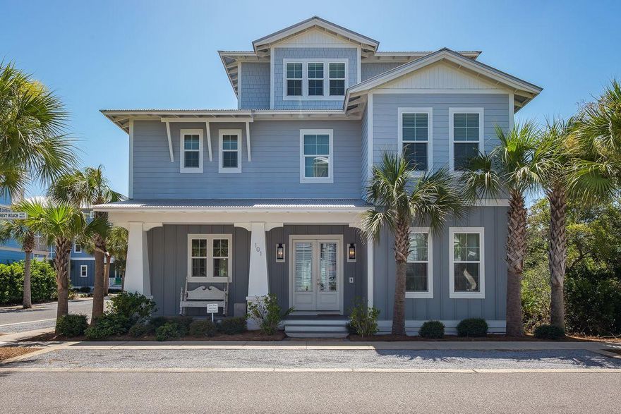 Located in the heart of Seacrest Beach, this home boasts 5 bedrooms and 4 and a half bathrooms with covered decks adding outdoor space to each level of the home. The kitchen features commercial grade appliances, granite countertops, upgraded cabinetry and boasts subway tile backsplash. The main level has 10 ft ceilings and tile throughout, complete with a gas fireplace in the great room and a first floor master bedroom. The 2nd level boasts a seating/entertainment area, 2nd master bedroom, bunk room, and 2 additional bedrooms with Jack and Jill bath. There is a covered second floor deck with summer kitchen and outdoor media area. The 3rd floor entertainment area features full bath, wet bar, surround sound, sleeping space for 6.  Enjoy evening sunset from this outdoor deck.